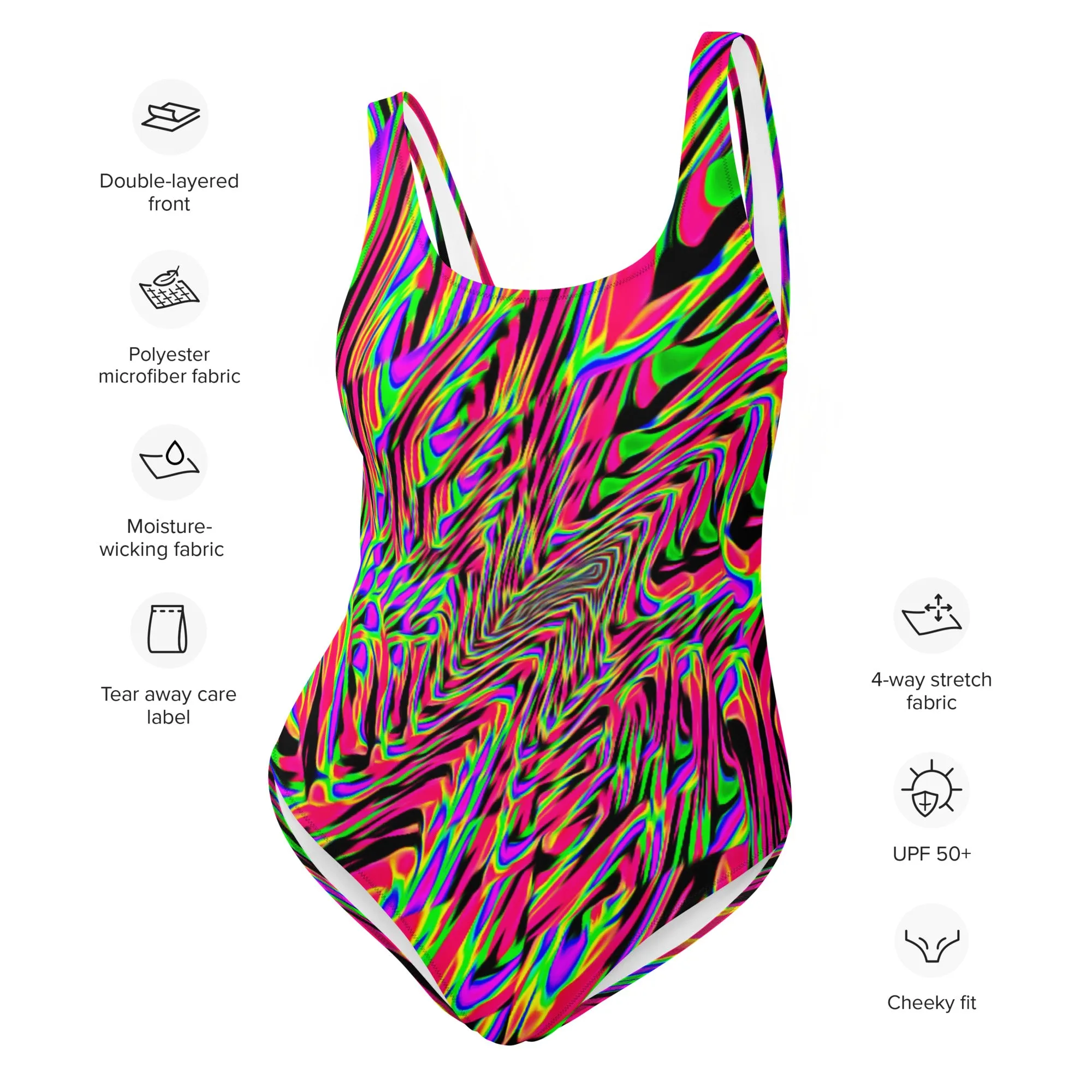 Neon Acid Waves One-Piece Rave Swimsuit