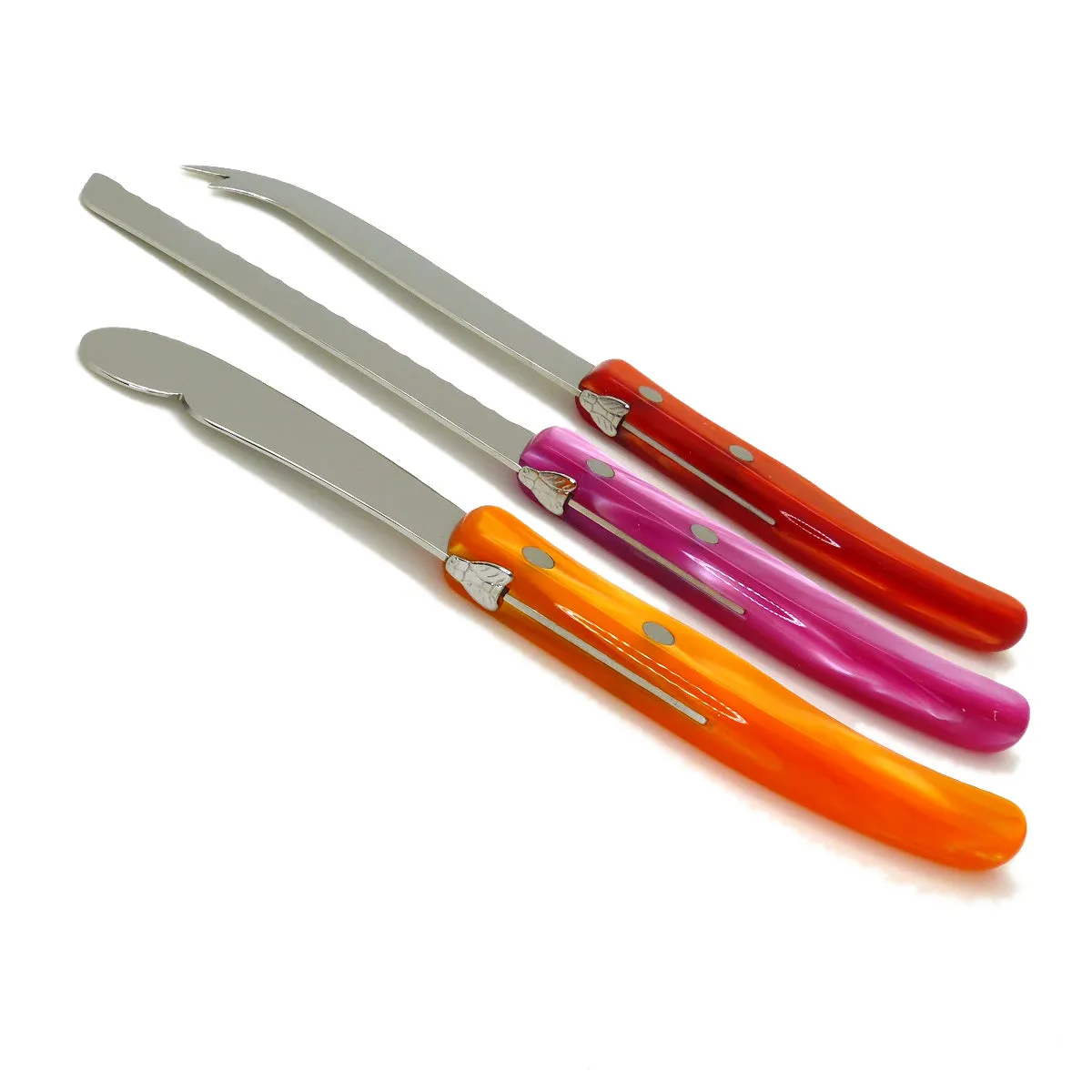 NEW Claude Dozorme Three Piece Laguiole Knife Gift Set Red Pink Orange