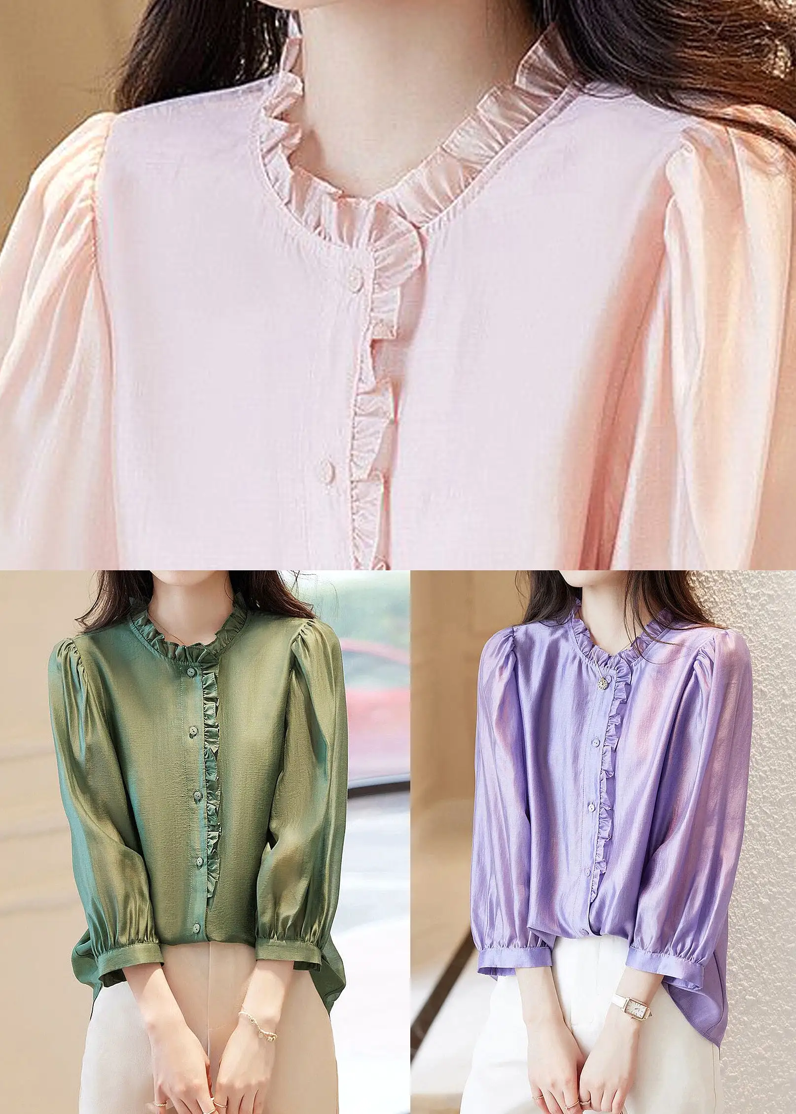 New Pink O-Neck Ruffled Button Chiffon Tops Spring AB1003