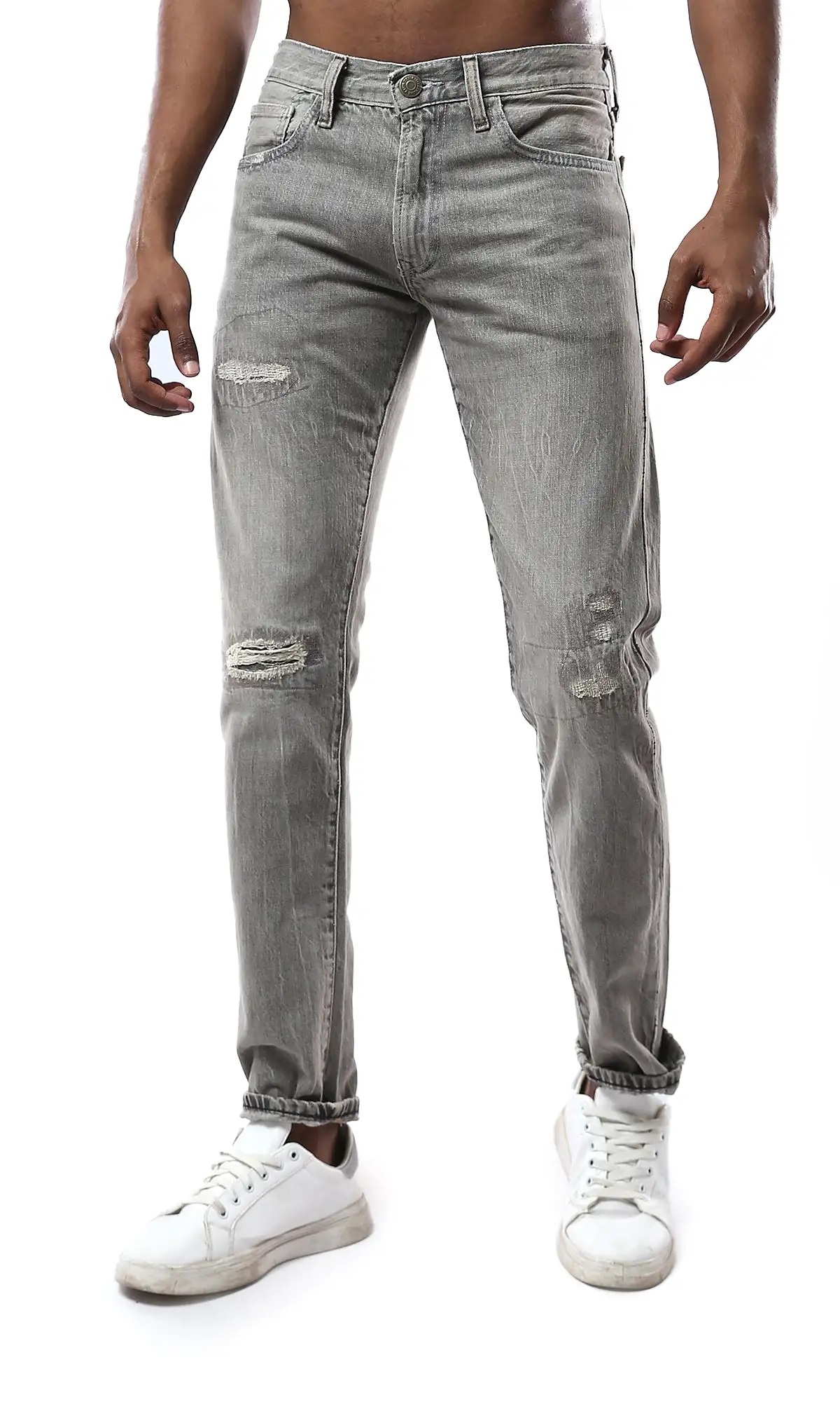 O179621 Light Grey Casual Jeans With Front Ripped