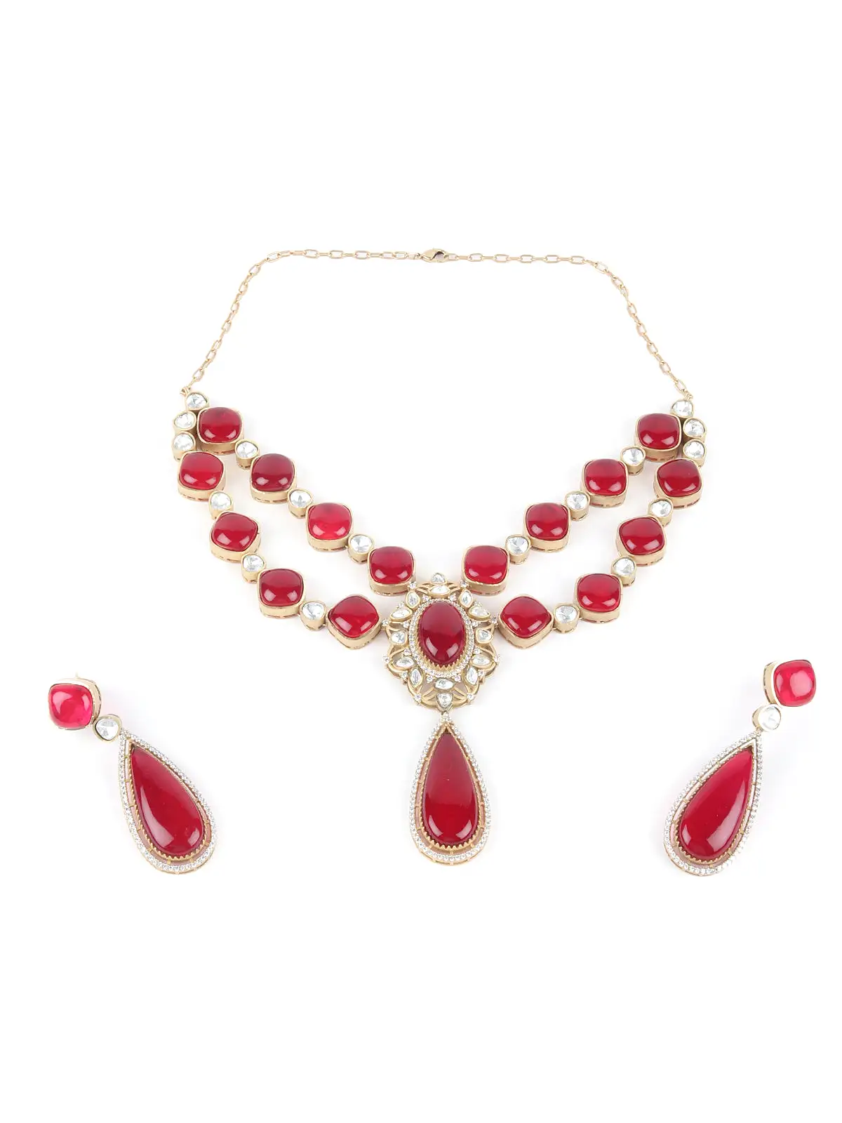 Odette Red And Gold Choker Neck Piece Set For Women