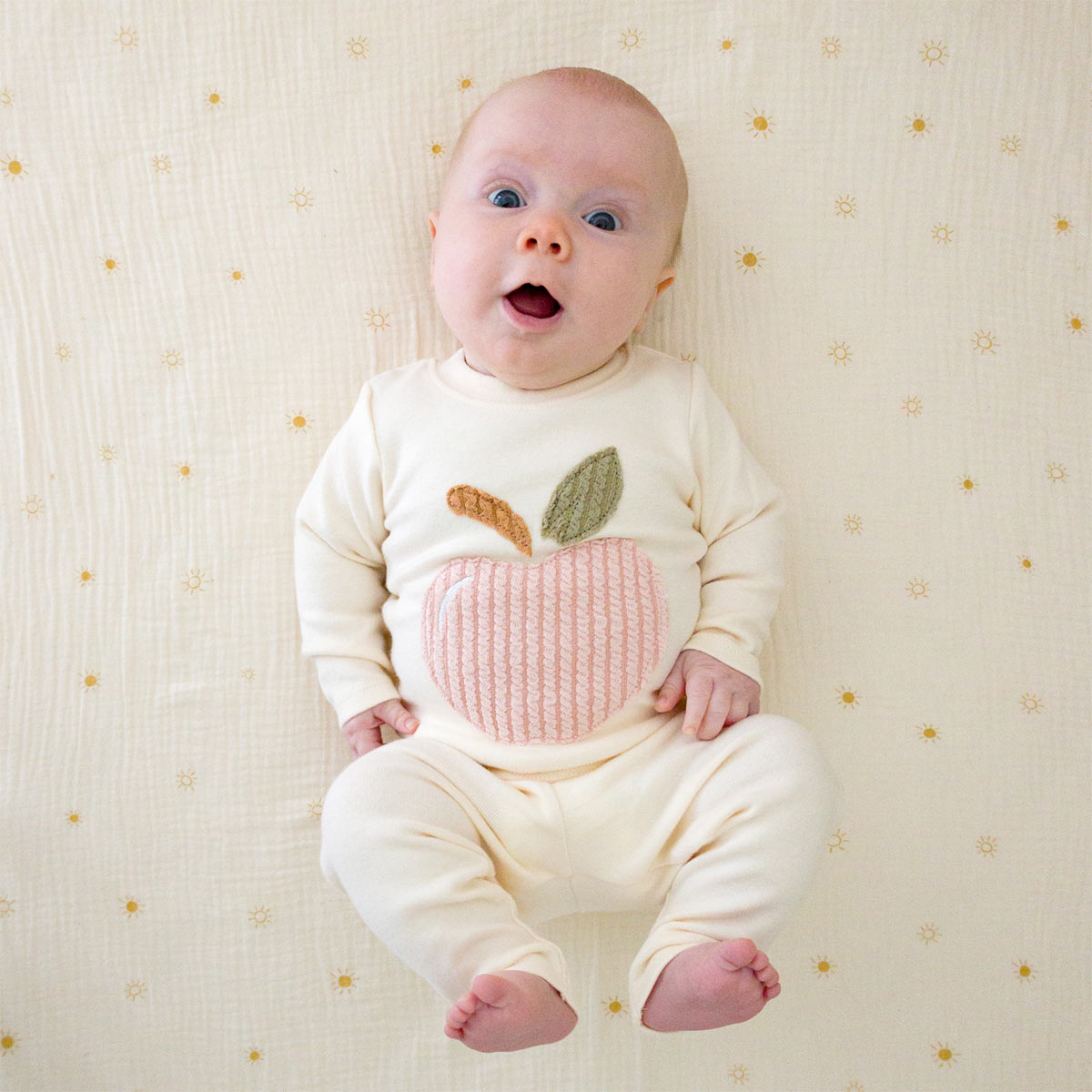 oh baby! Long Sleeve Two Piece Set Ribbed Pink Apple Applique - Vanilla