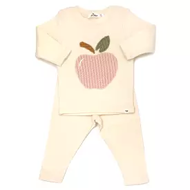 oh baby! Long Sleeve Two Piece Set Ribbed Pink Apple Applique - Vanilla