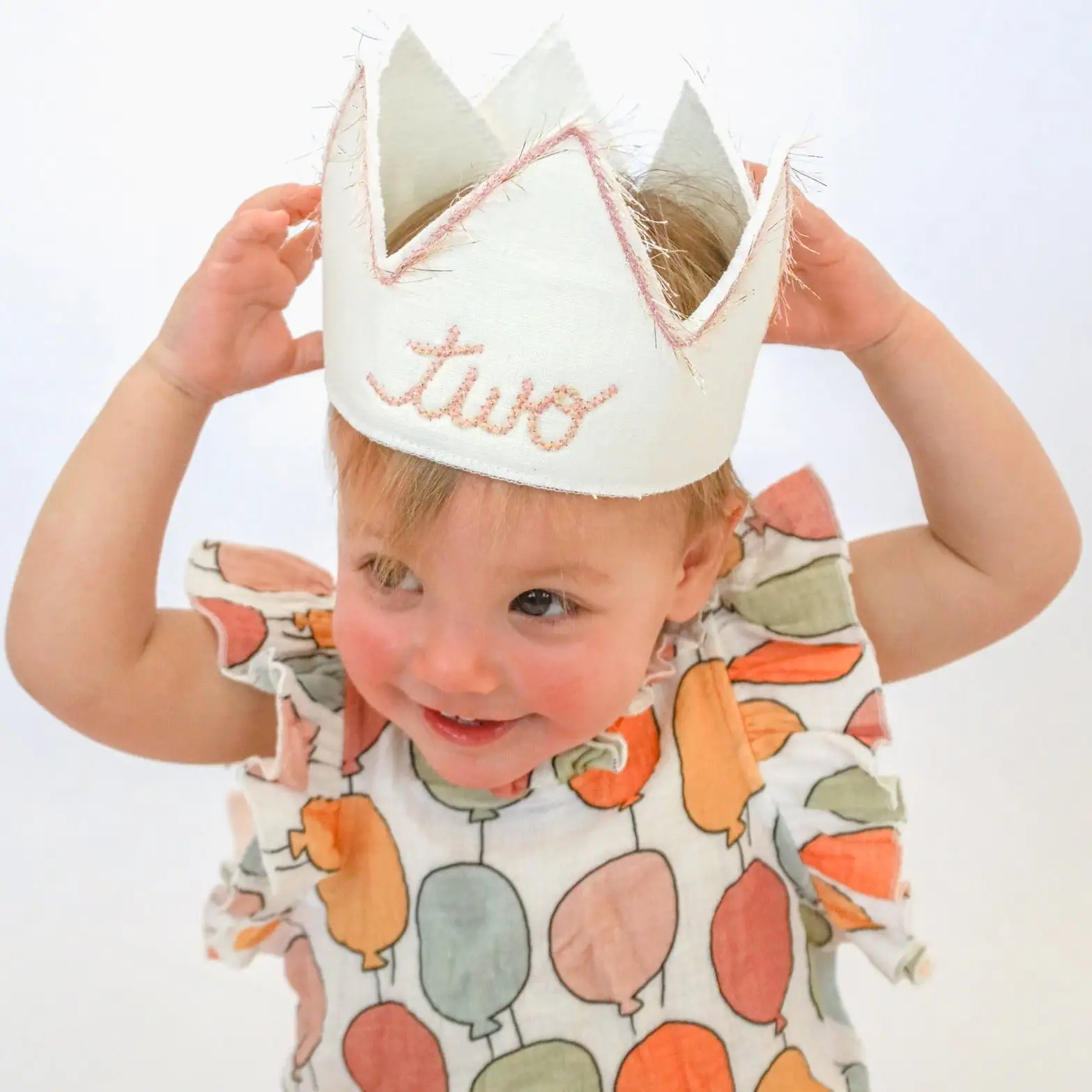 oh baby! Two Birthday Crown with Blush/Gold Trim on Oyster Linen