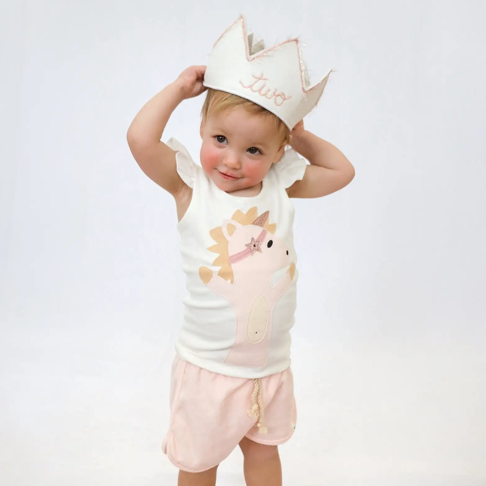 oh baby! Two Birthday Crown with Blush/Gold Trim on Oyster Linen