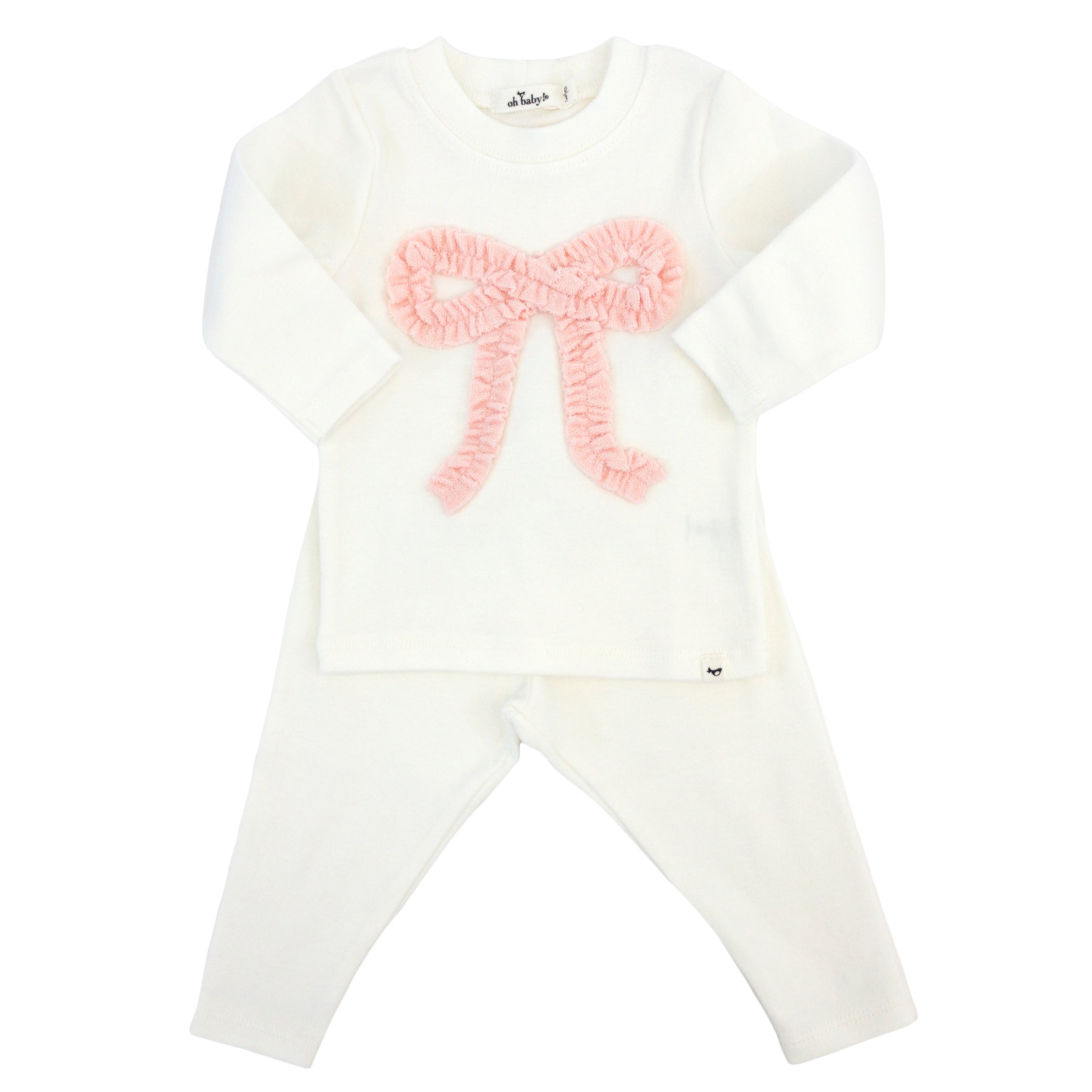 oh baby! Two Piece Set - Pink Terry Ruffle Bow Applique - Cream