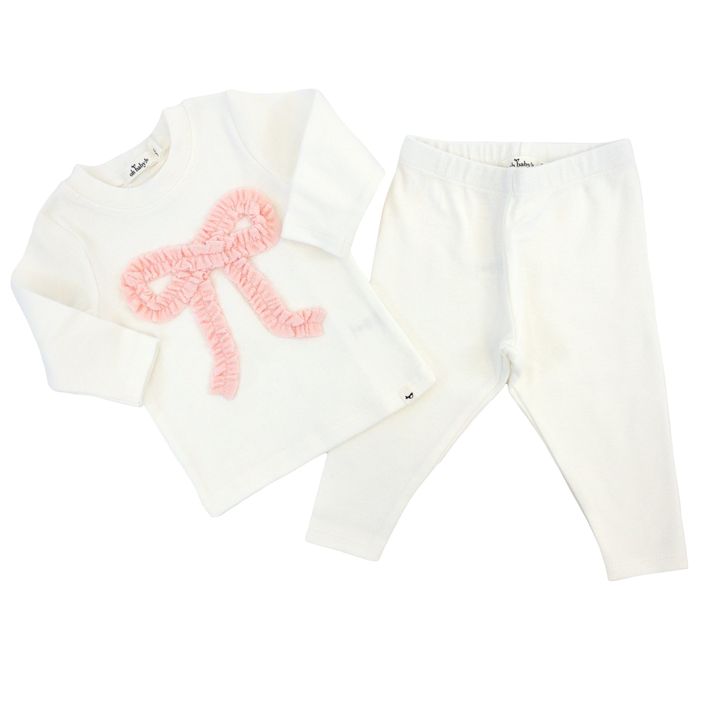 oh baby! Two Piece Set - Pink Terry Ruffle Bow Applique - Cream