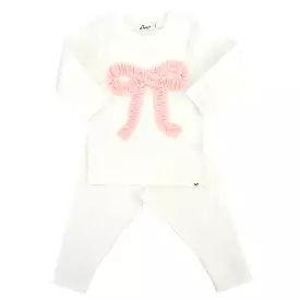 oh baby! Two Piece Set - Pink Terry Ruffle Bow Applique - Cream