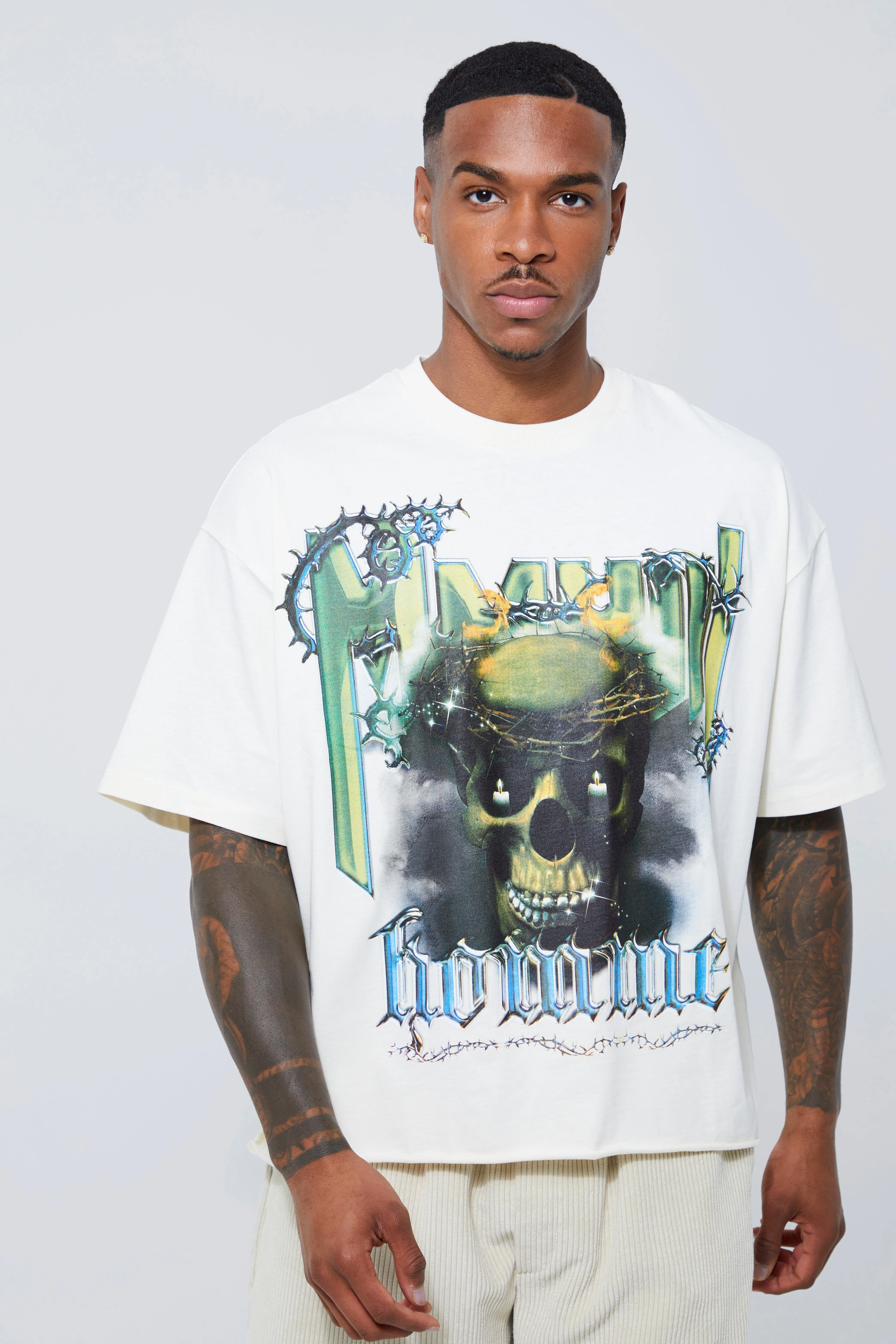 Oversized Boxy Raw Hem Skull Graphic T-shirt | boohooMAN UK