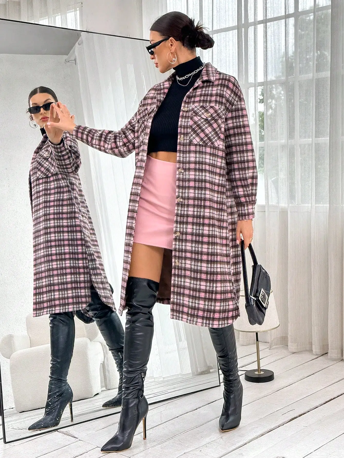 Plaid Print Button Up Coat