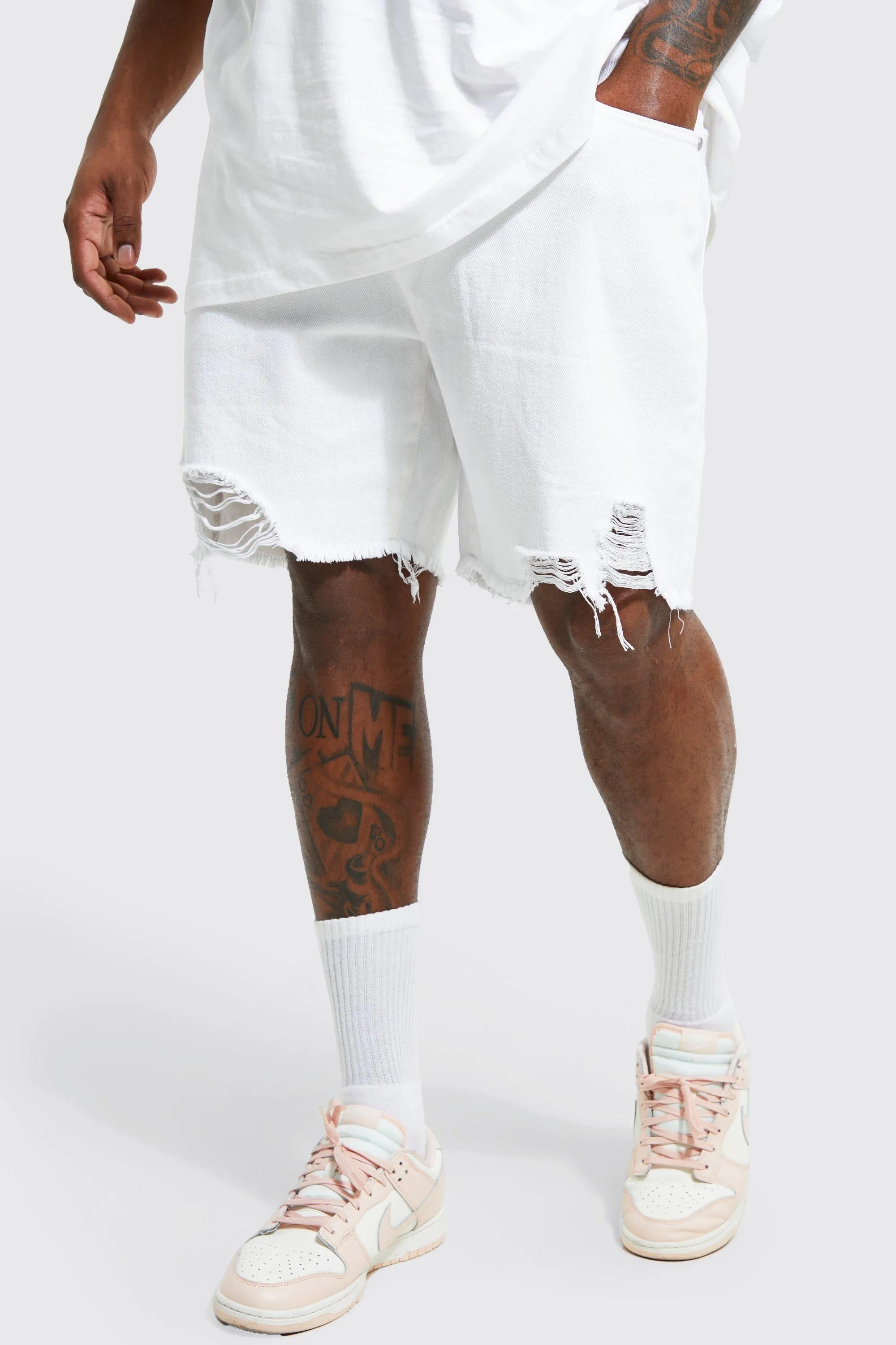 Plus Slim Fit Raw Hem Denim Shorts | boohooMAN UK