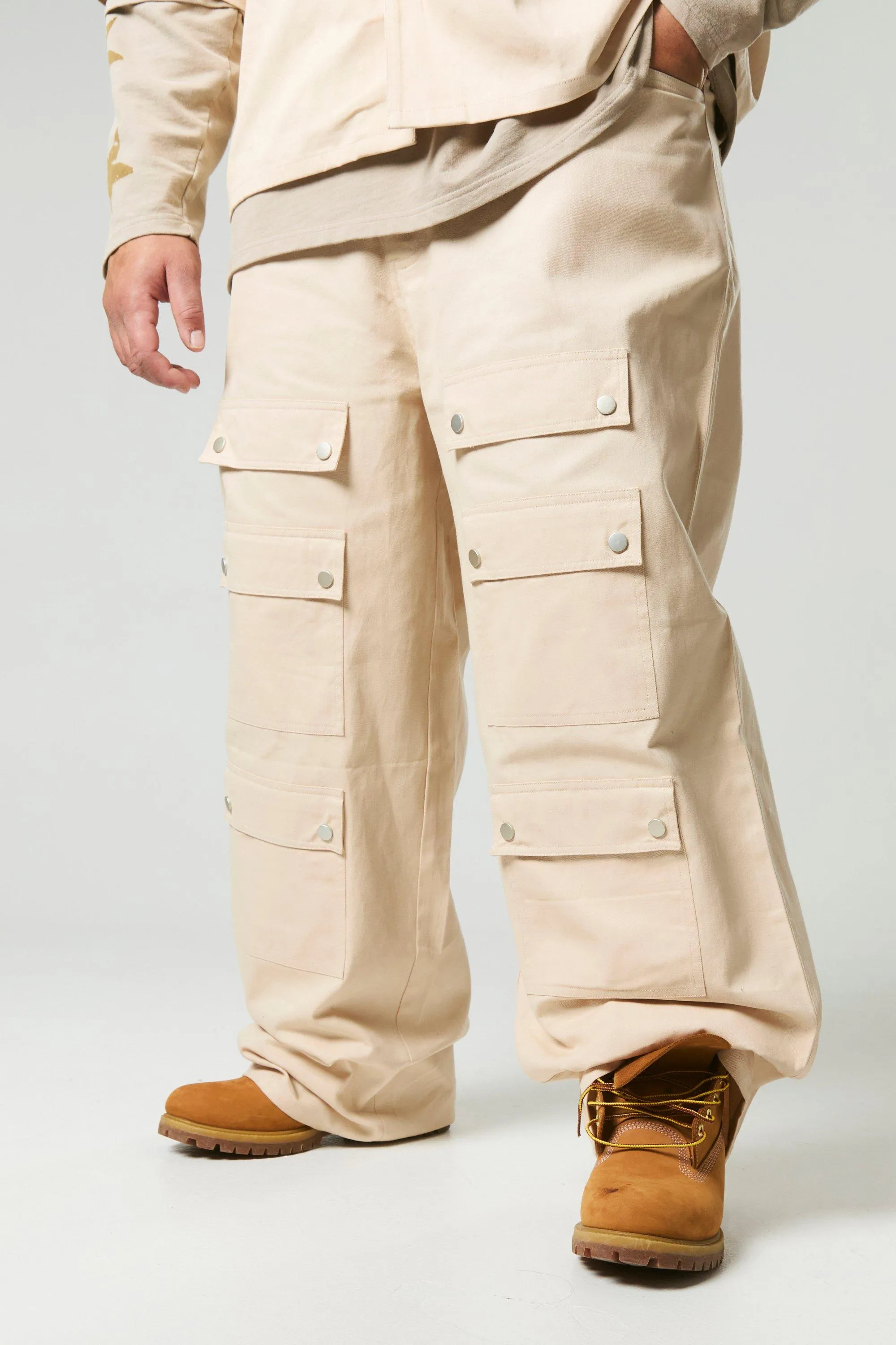 Plus Washed Twill Multi Cargo Pocket Wide Leg Trousers