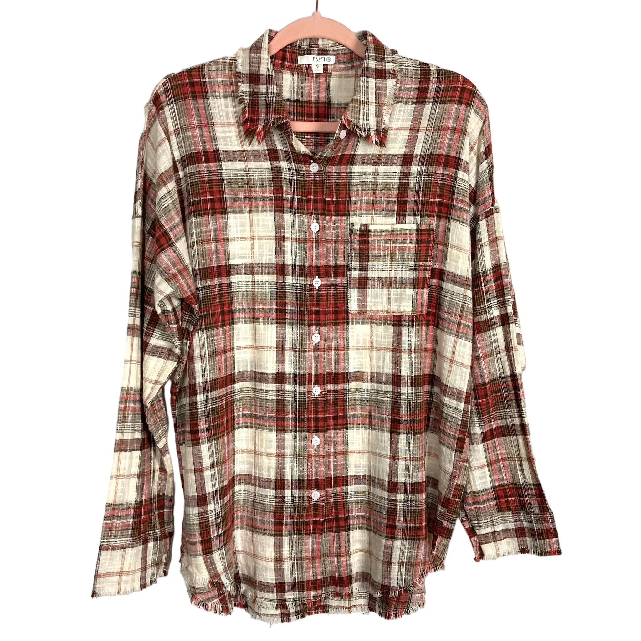 P.S.Kate Plaid Button Up Raw Hem Top- Size S