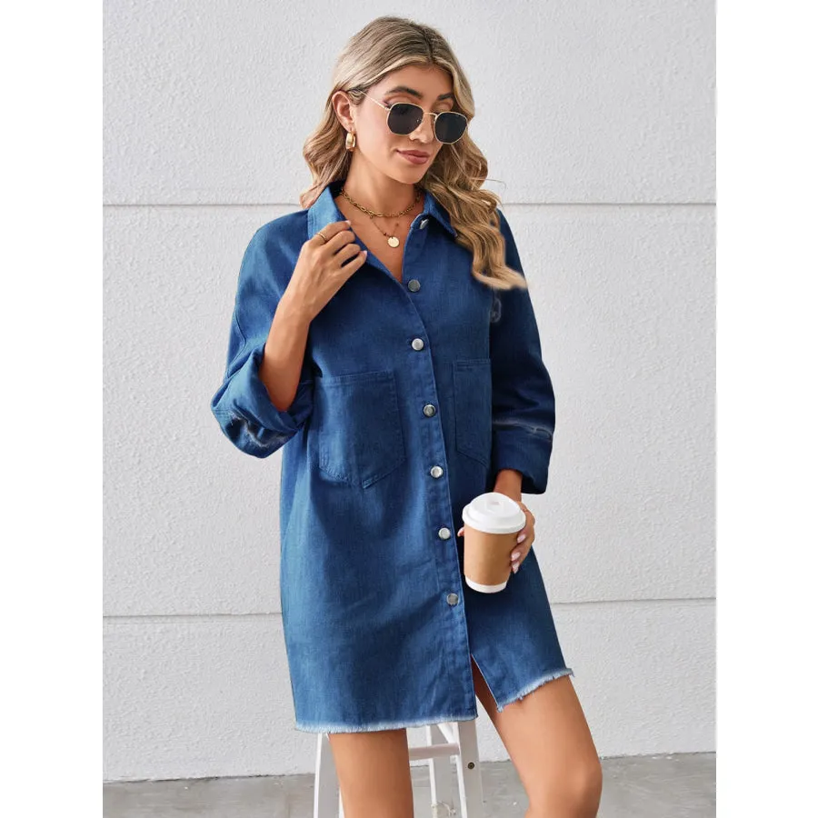 Raw Hem Button Up Denim Dress