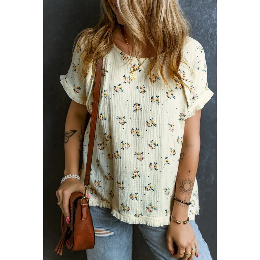 Raw Hem Printed Round Neck Short Sleeve Top