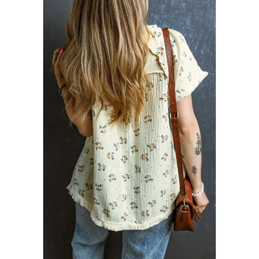 Raw Hem Printed Round Neck Short Sleeve Top