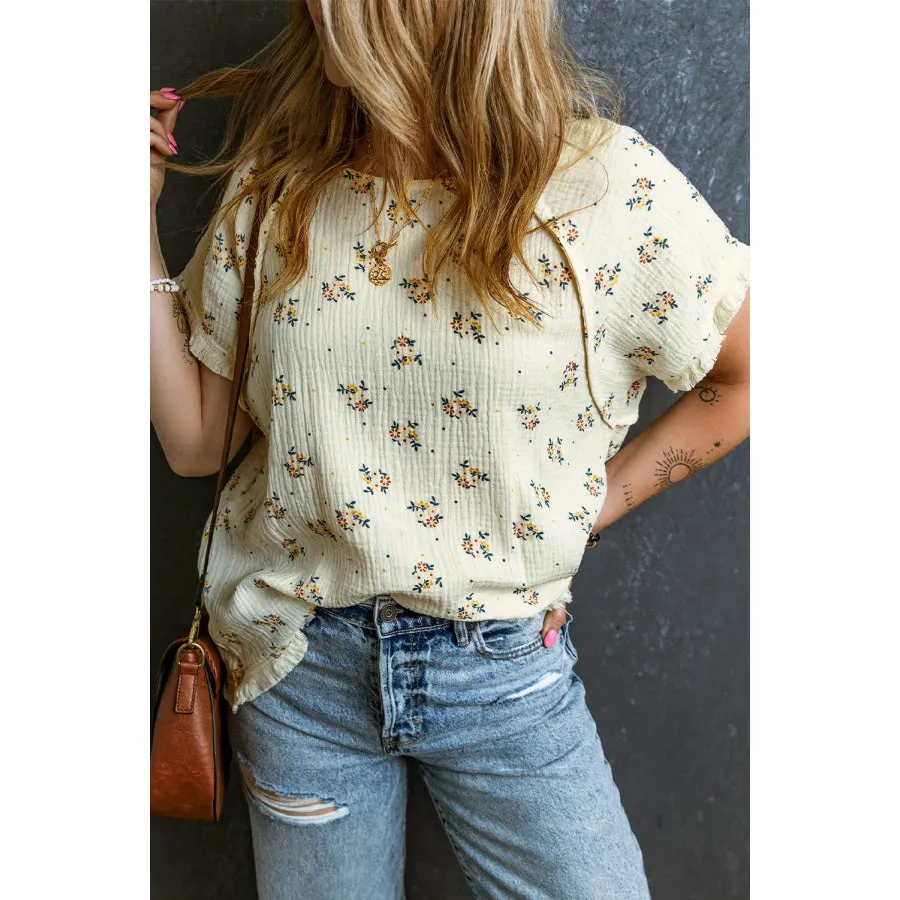 Raw Hem Printed Round Neck Short Sleeve Top