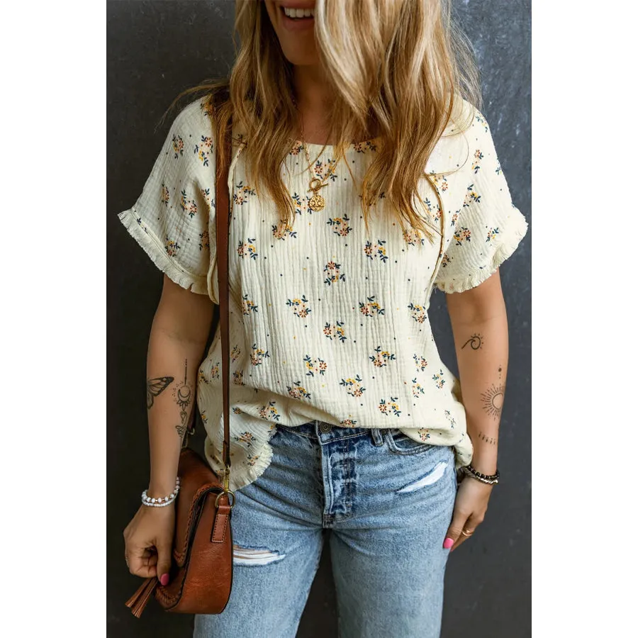 Raw Hem Printed Round Neck Short Sleeve Top