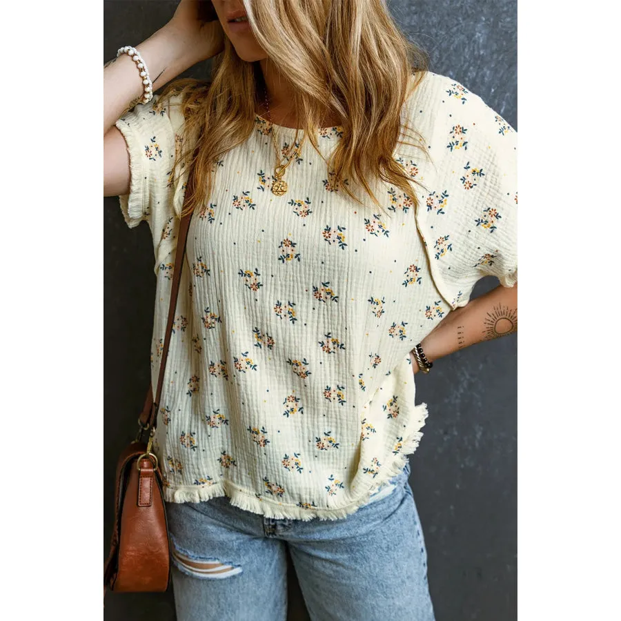 Raw Hem Printed Round Neck Short Sleeve Top