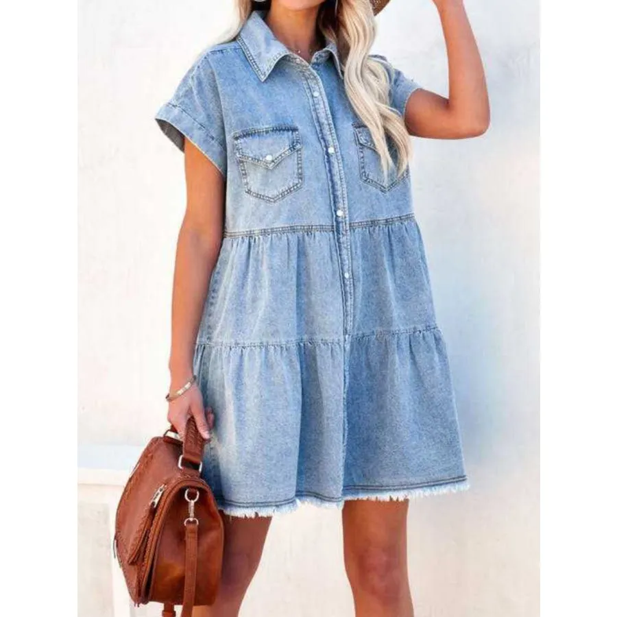 Raw Hem Short Sleeve Denim Dress