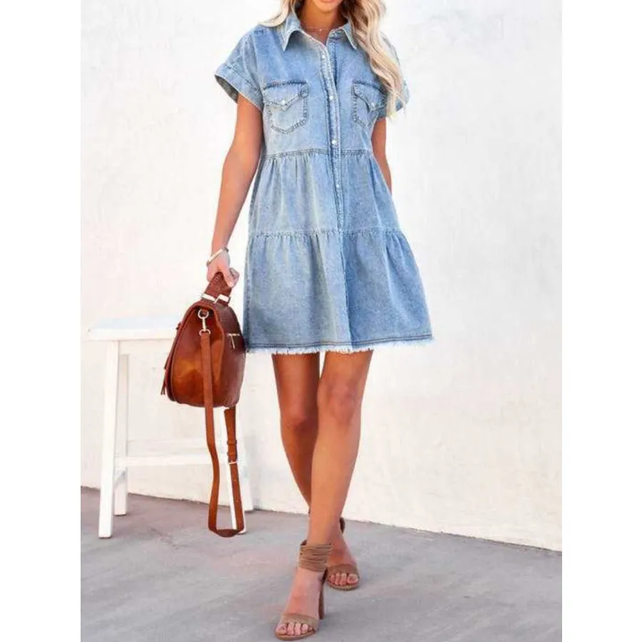 Raw Hem Short Sleeve Denim Dress