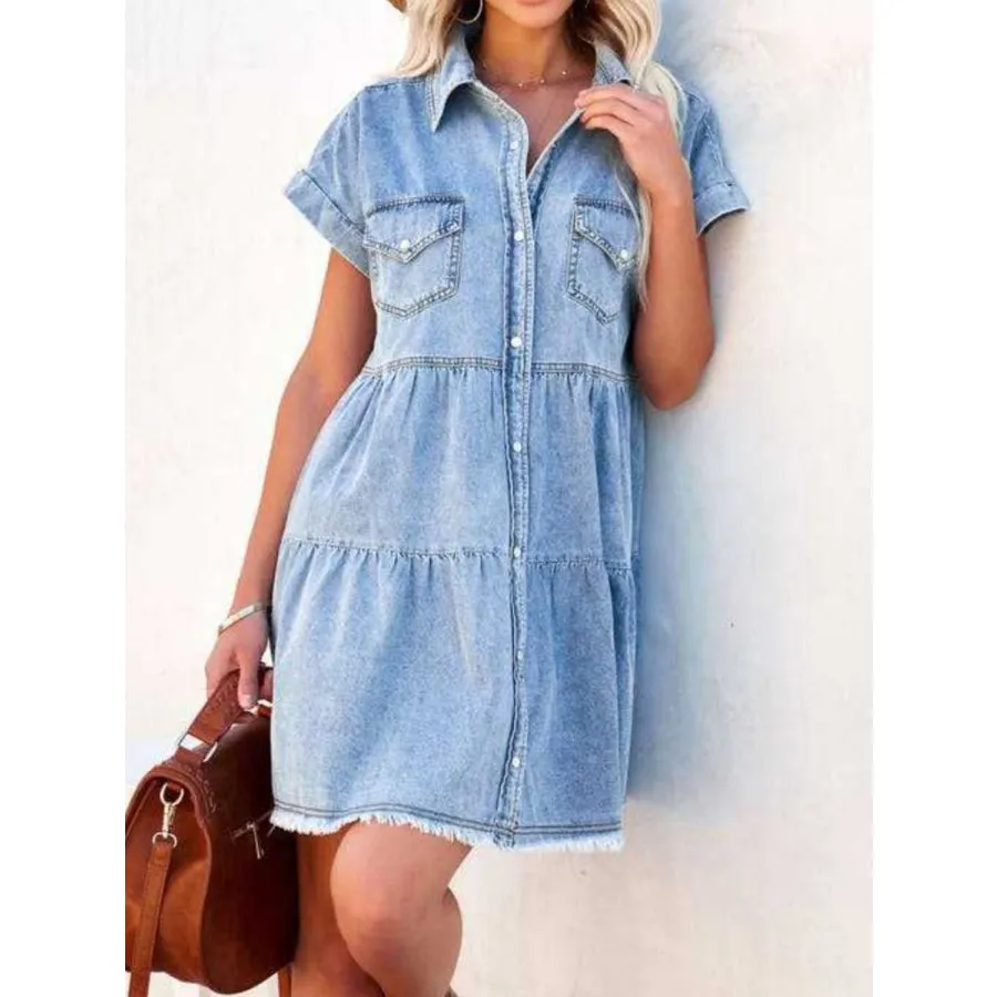 Raw Hem Short Sleeve Denim Dress