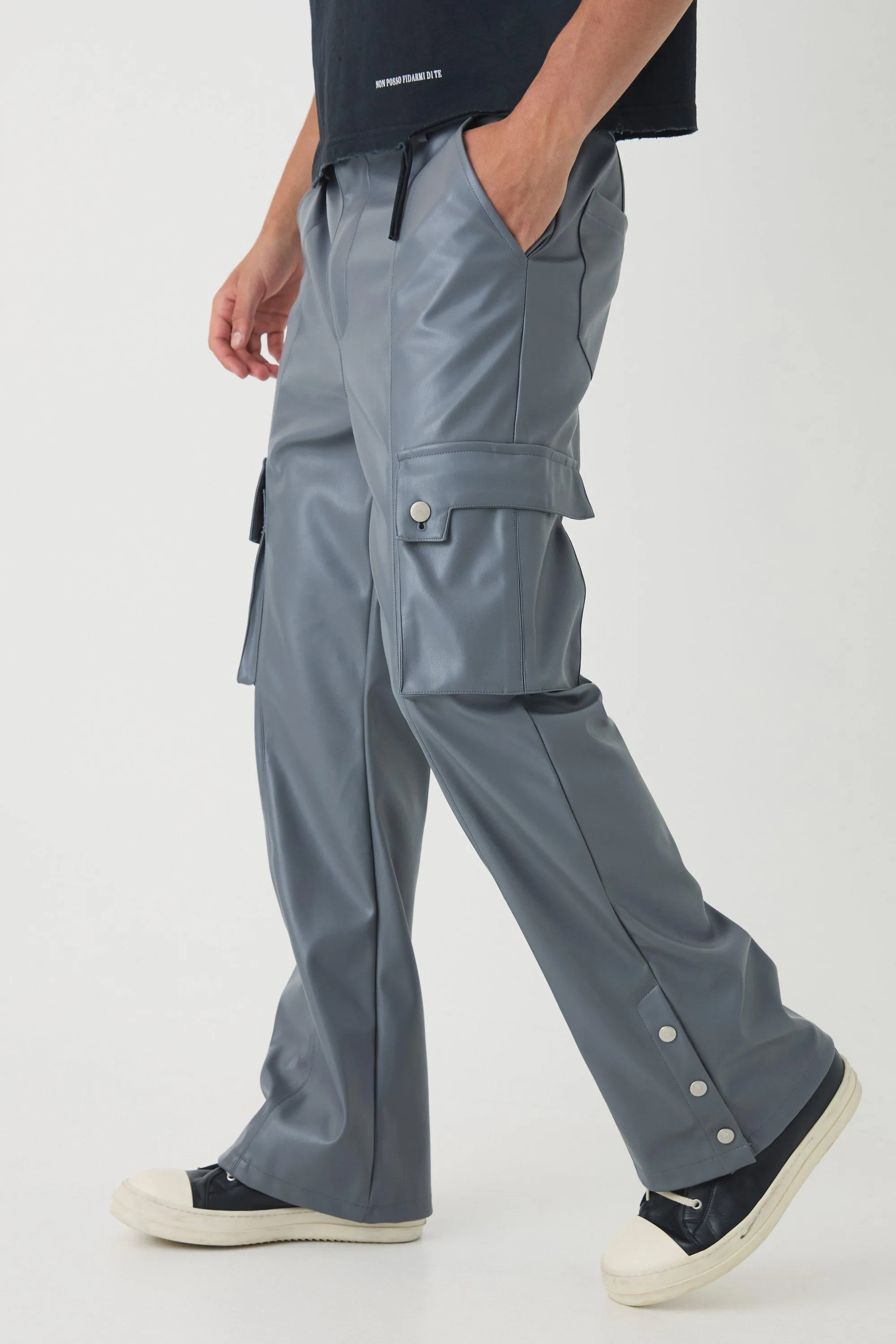 Relaxed Flare Pu Popper Hem Cargo Trousers