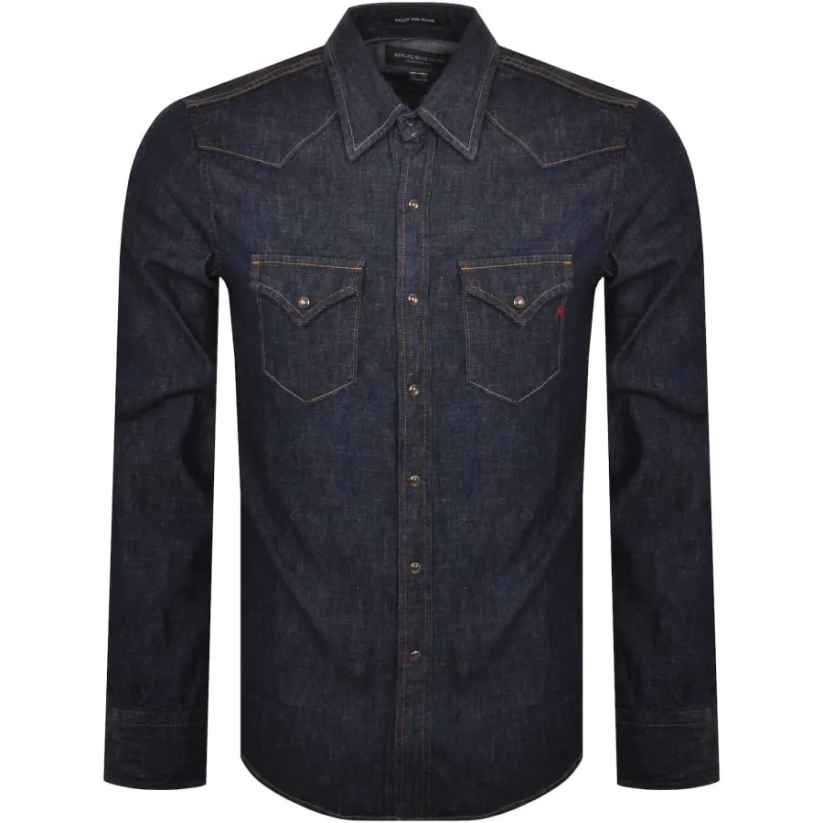 Replay Denim Look Long Sleeved Shirt Blue