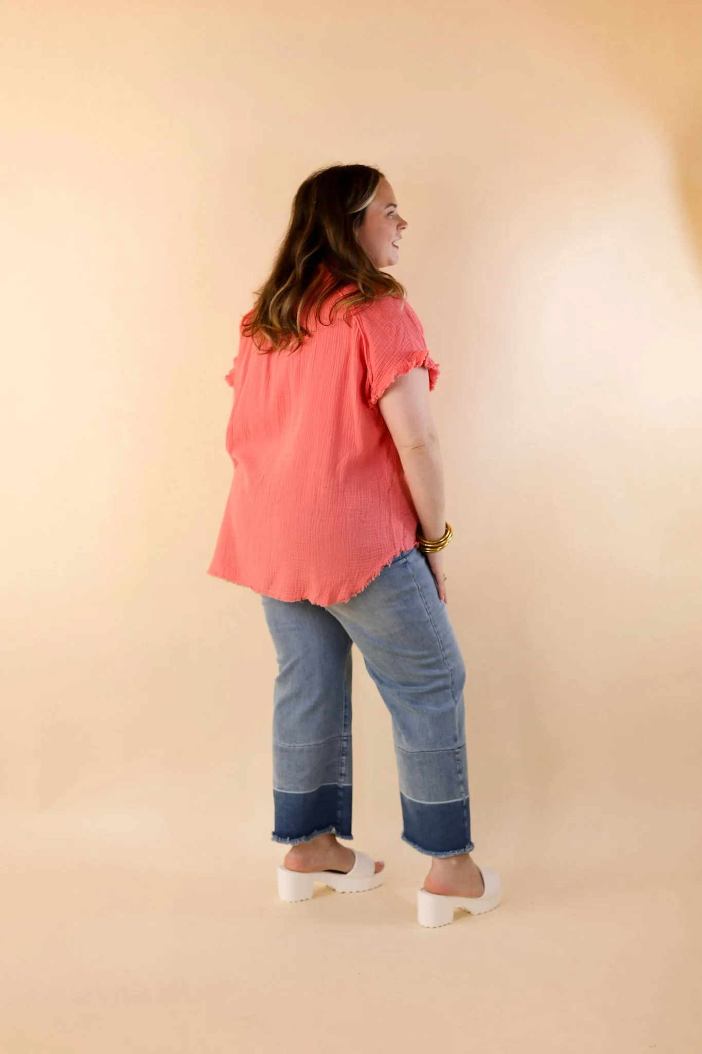 Right On Cue Button Up Raw Hem Top in Coral Pink