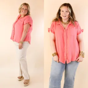 Right On Cue Button Up Raw Hem Top in Coral Pink