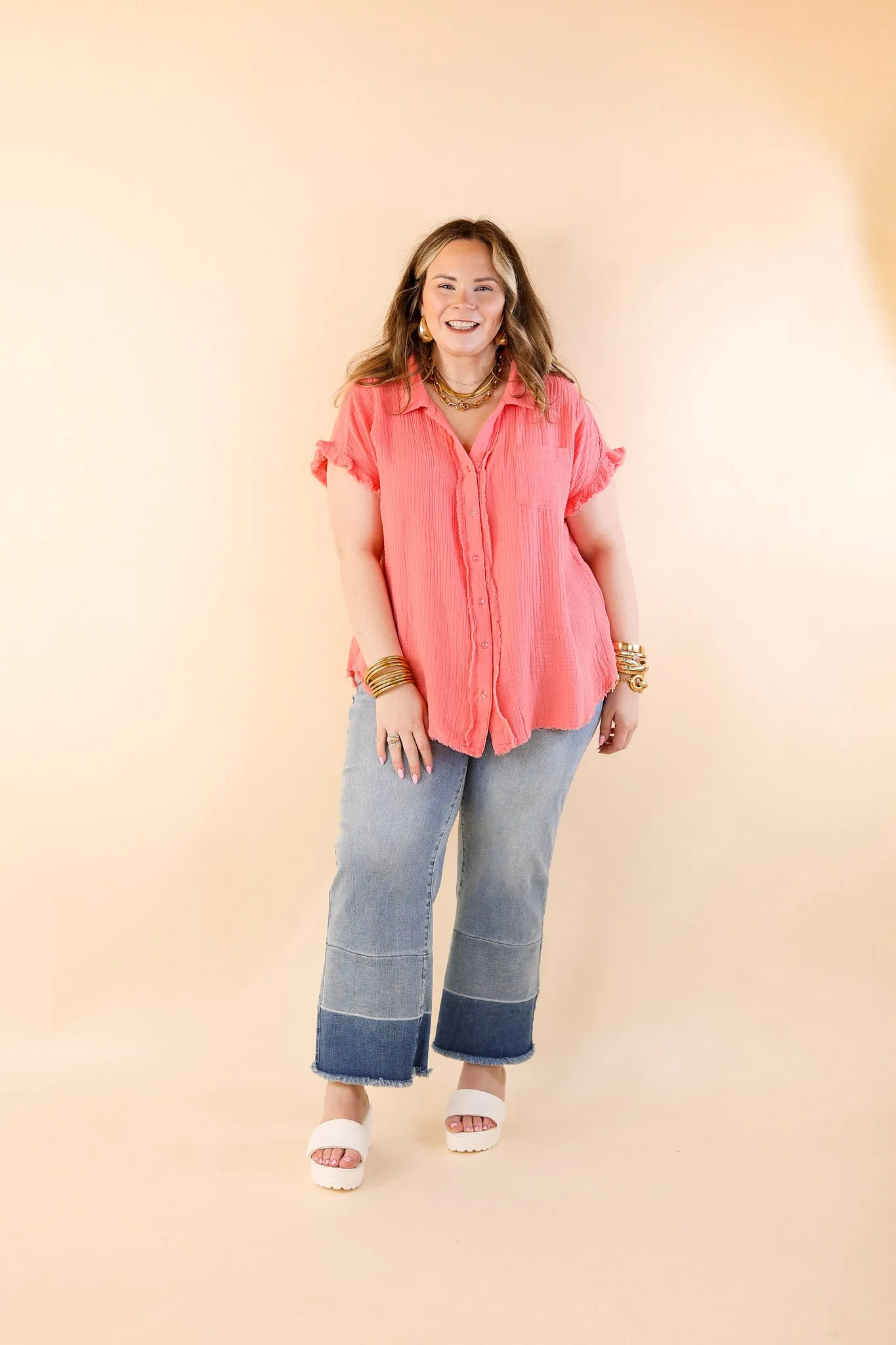 Right On Cue Button Up Raw Hem Top in Coral Pink