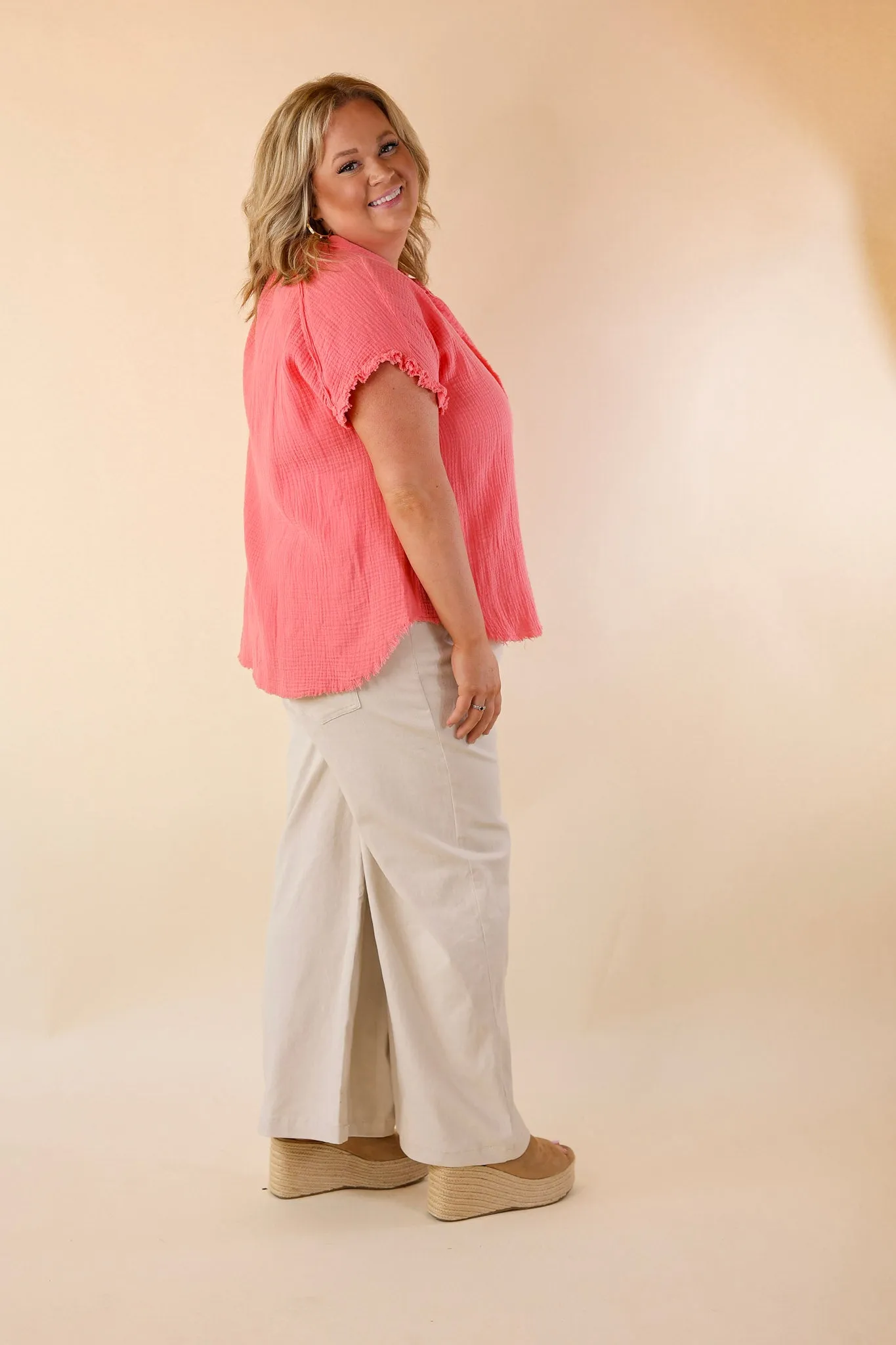 Right On Cue Button Up Raw Hem Top in Coral Pink