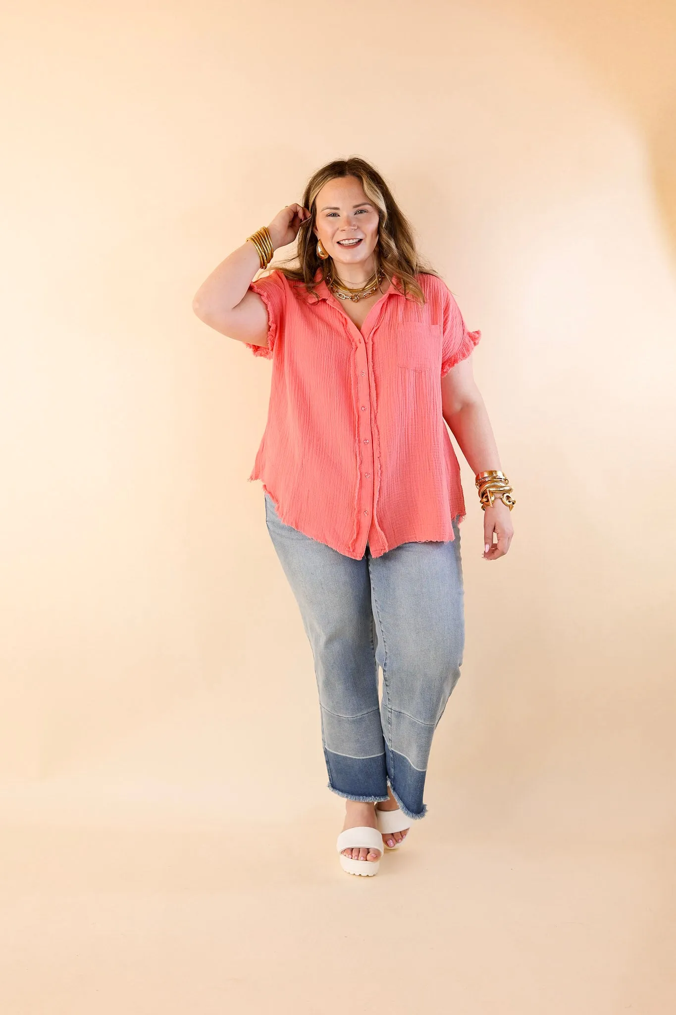 Right On Cue Button Up Raw Hem Top in Coral Pink