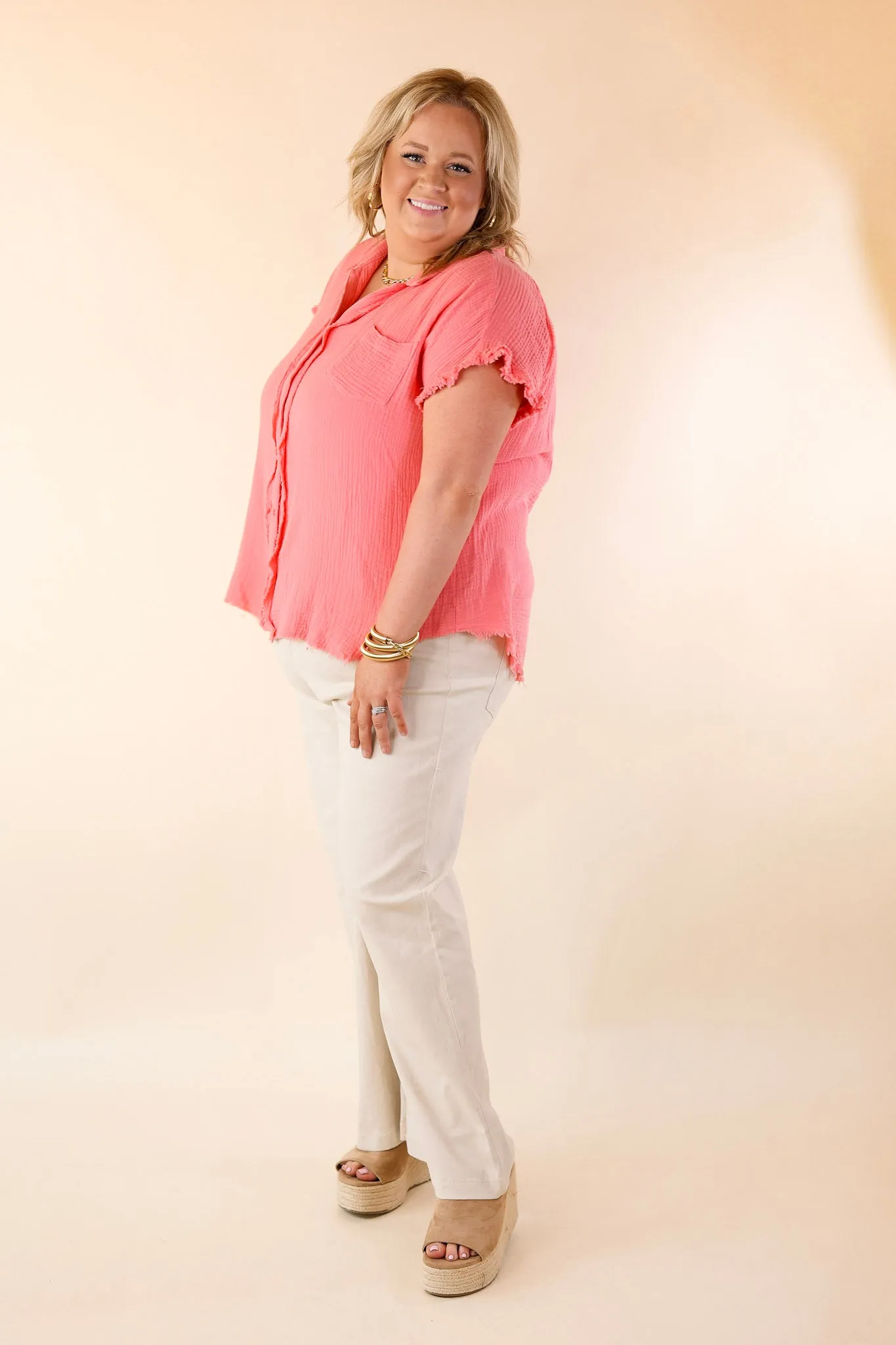 Right On Cue Button Up Raw Hem Top in Coral Pink