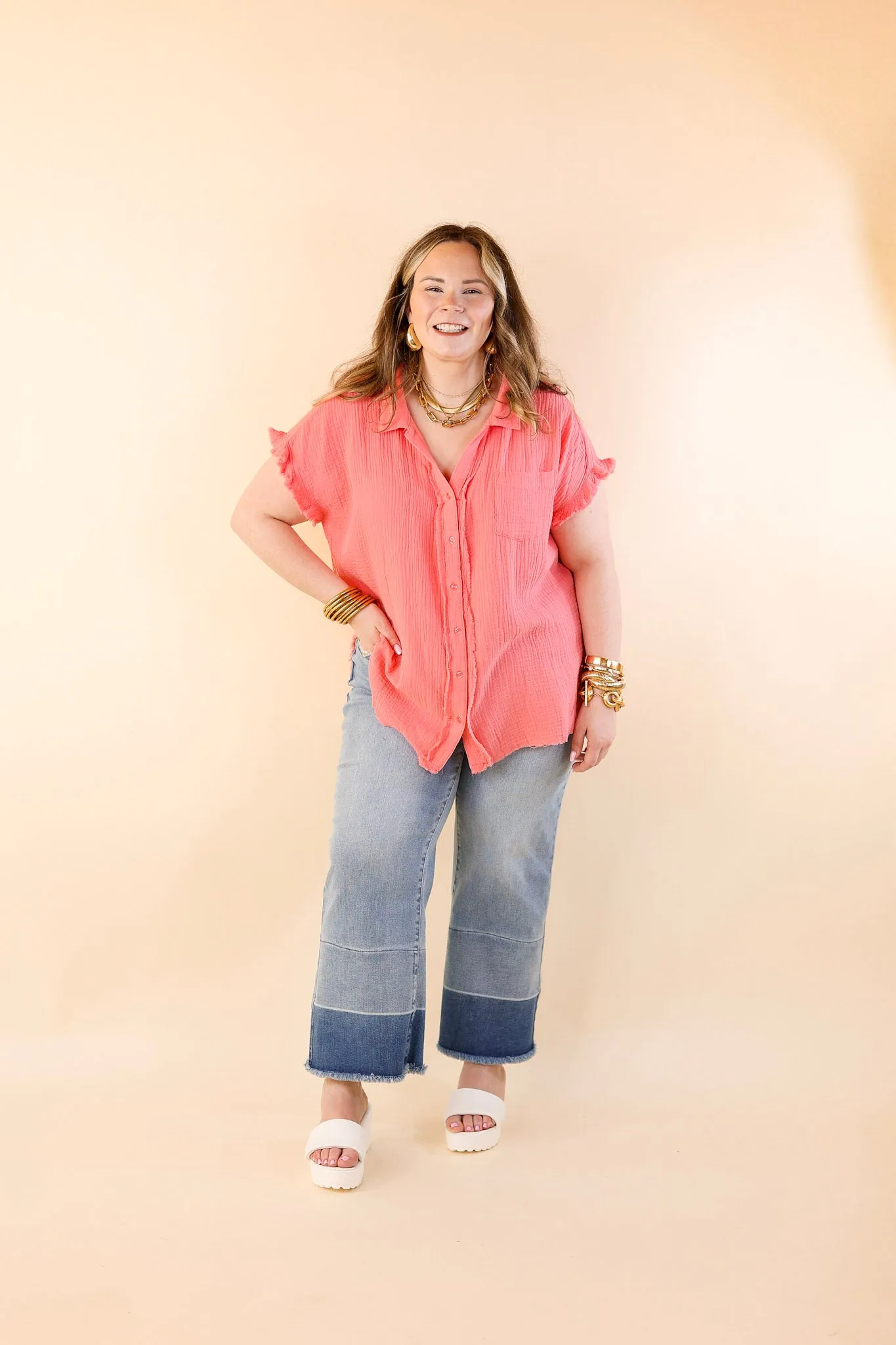 Right On Cue Button Up Raw Hem Top in Coral Pink