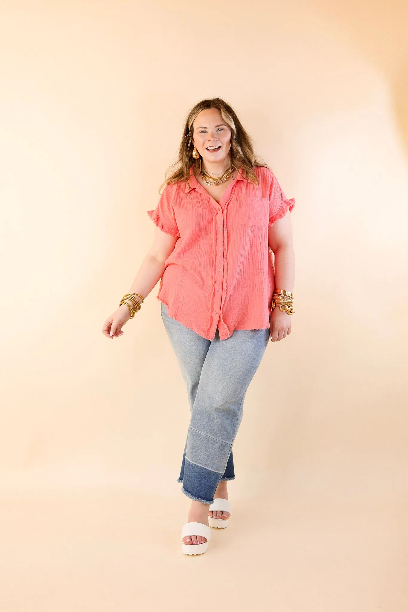 Right On Cue Button Up Raw Hem Top in Coral Pink