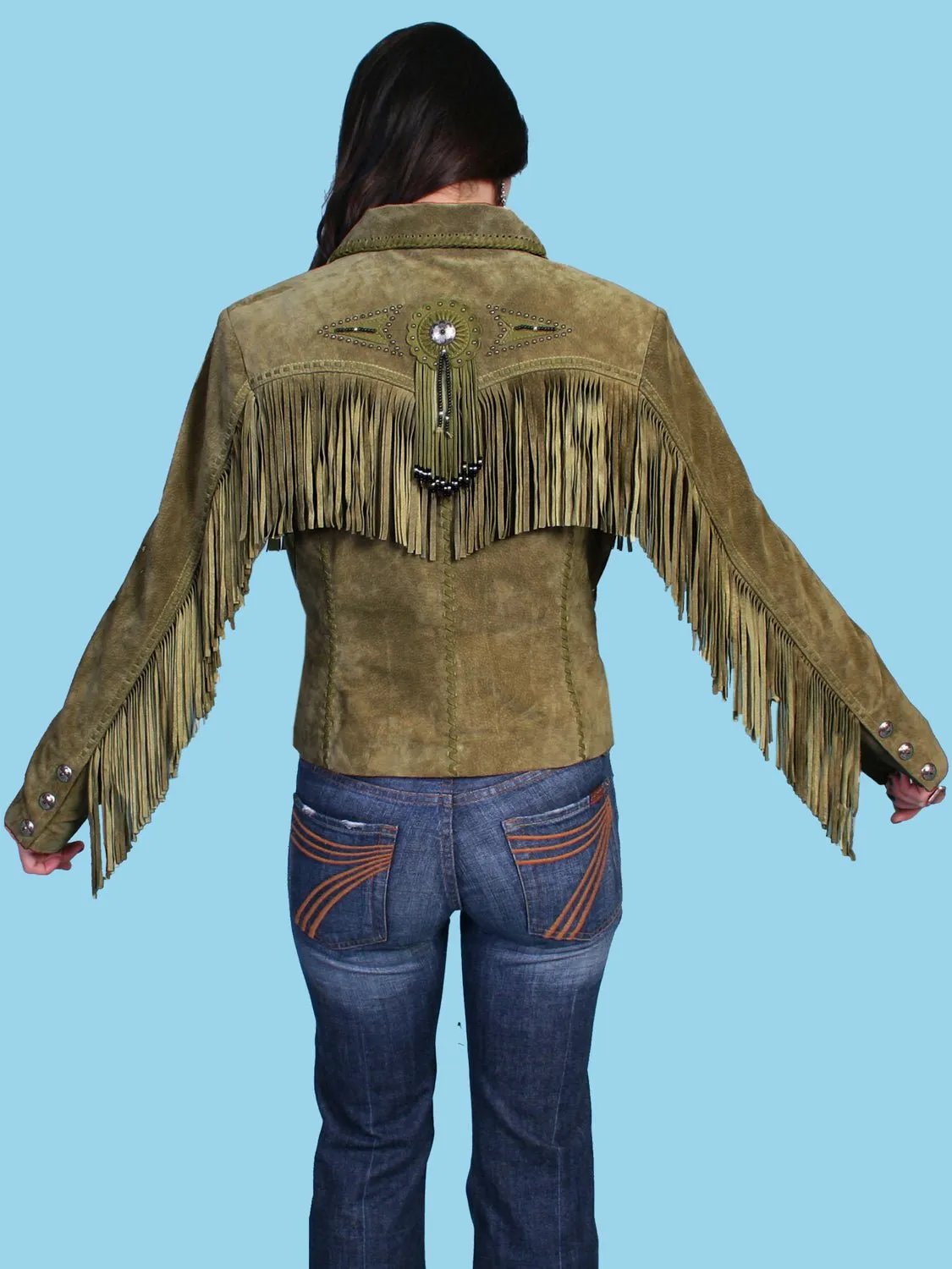 Scully Womens Fringe Beaded Olive Leather Leather Jacket L