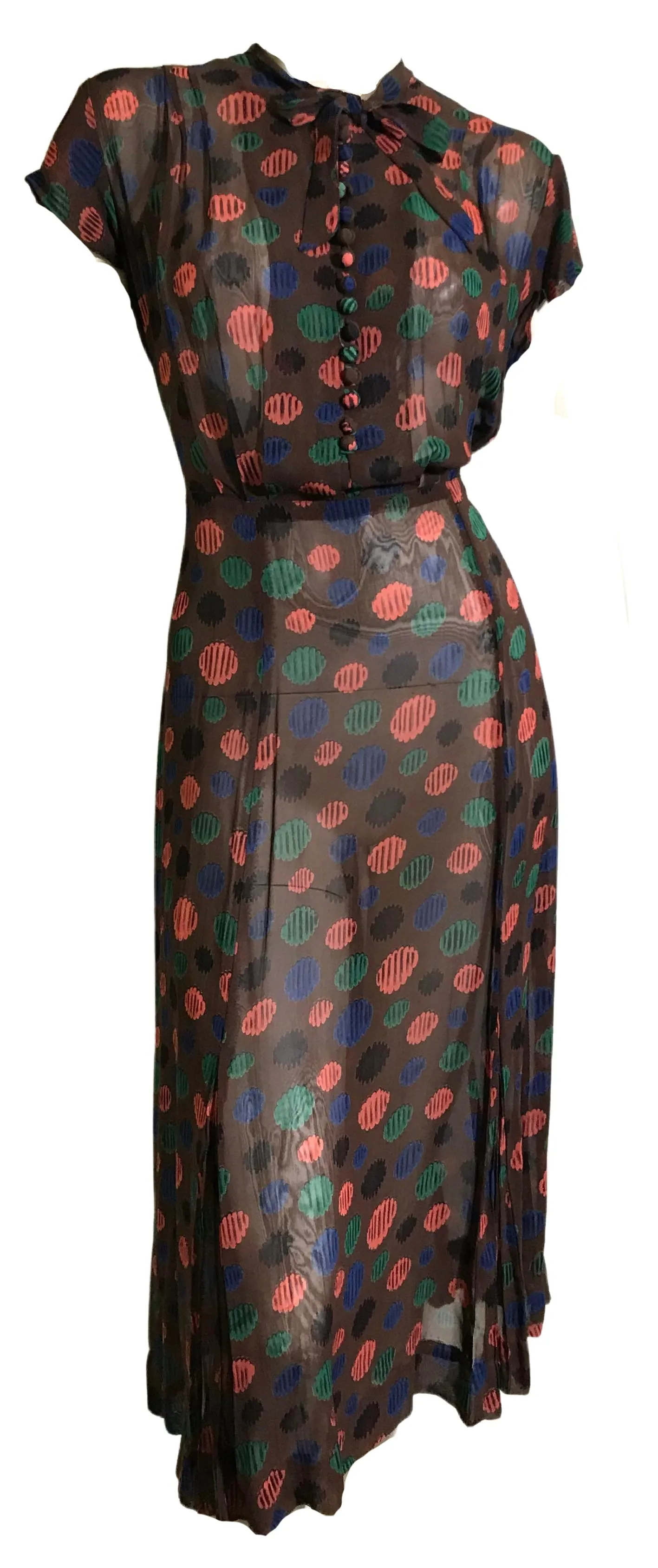 Semi-Sheer Cocoa Brown Rayon Dress and Overdress with Abstract Polka Dot Print circa 1940s