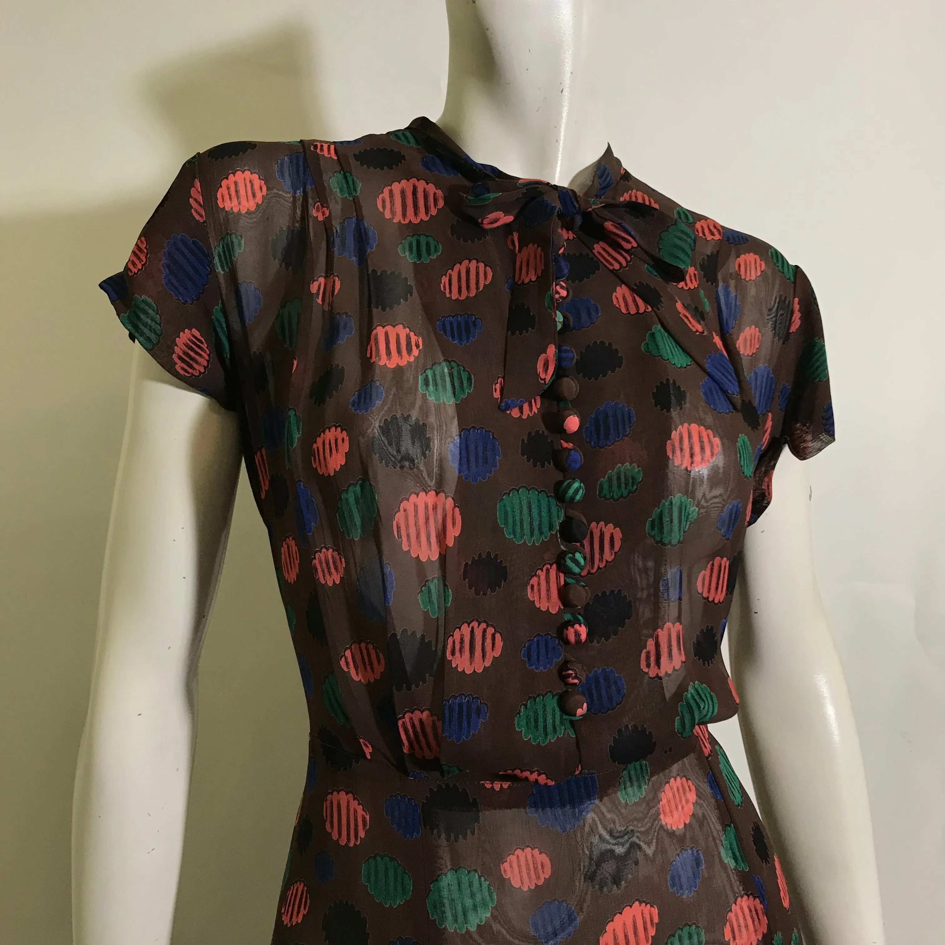 Semi-Sheer Cocoa Brown Rayon Dress and Overdress with Abstract Polka Dot Print circa 1940s