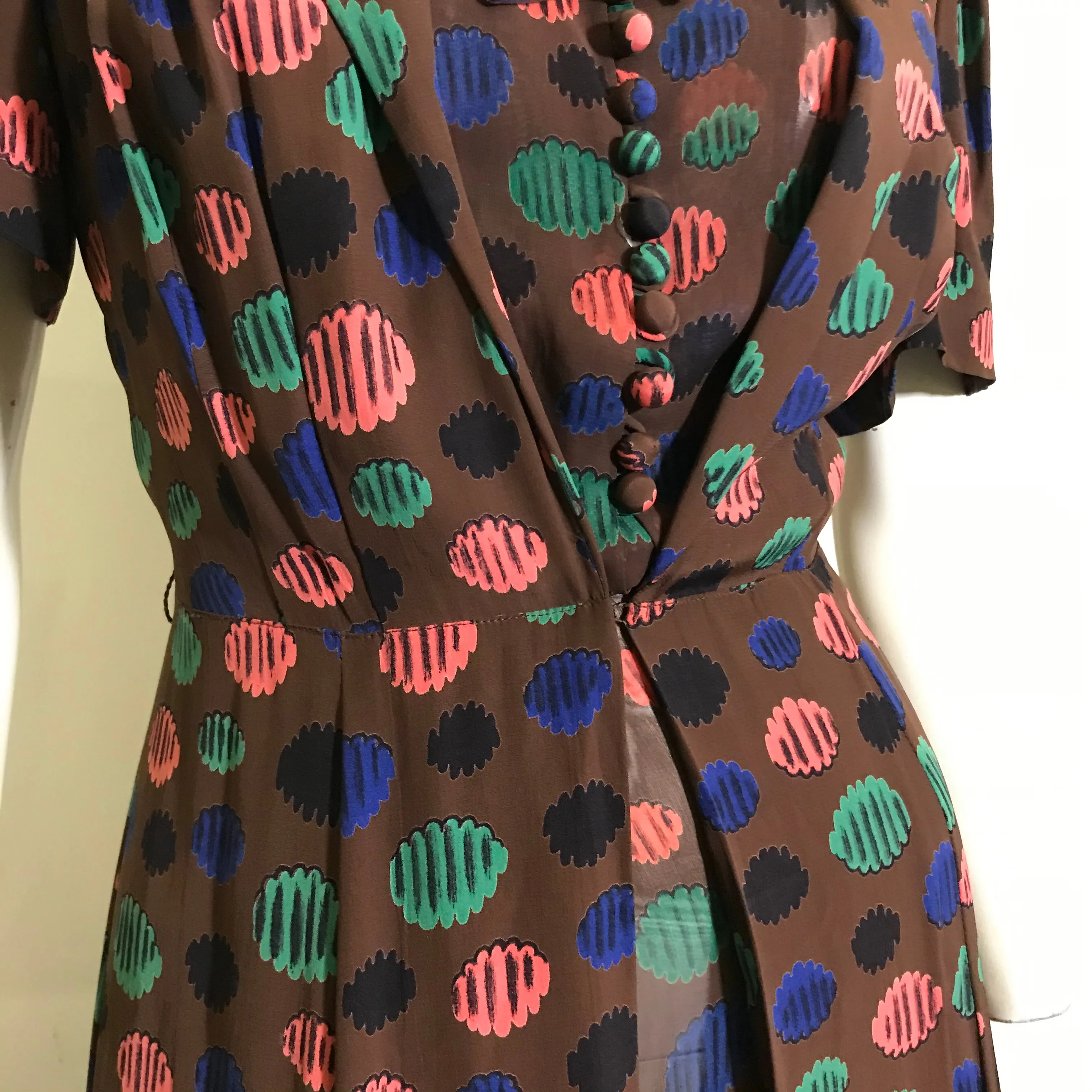 Semi-Sheer Cocoa Brown Rayon Dress and Overdress with Abstract Polka Dot Print circa 1940s