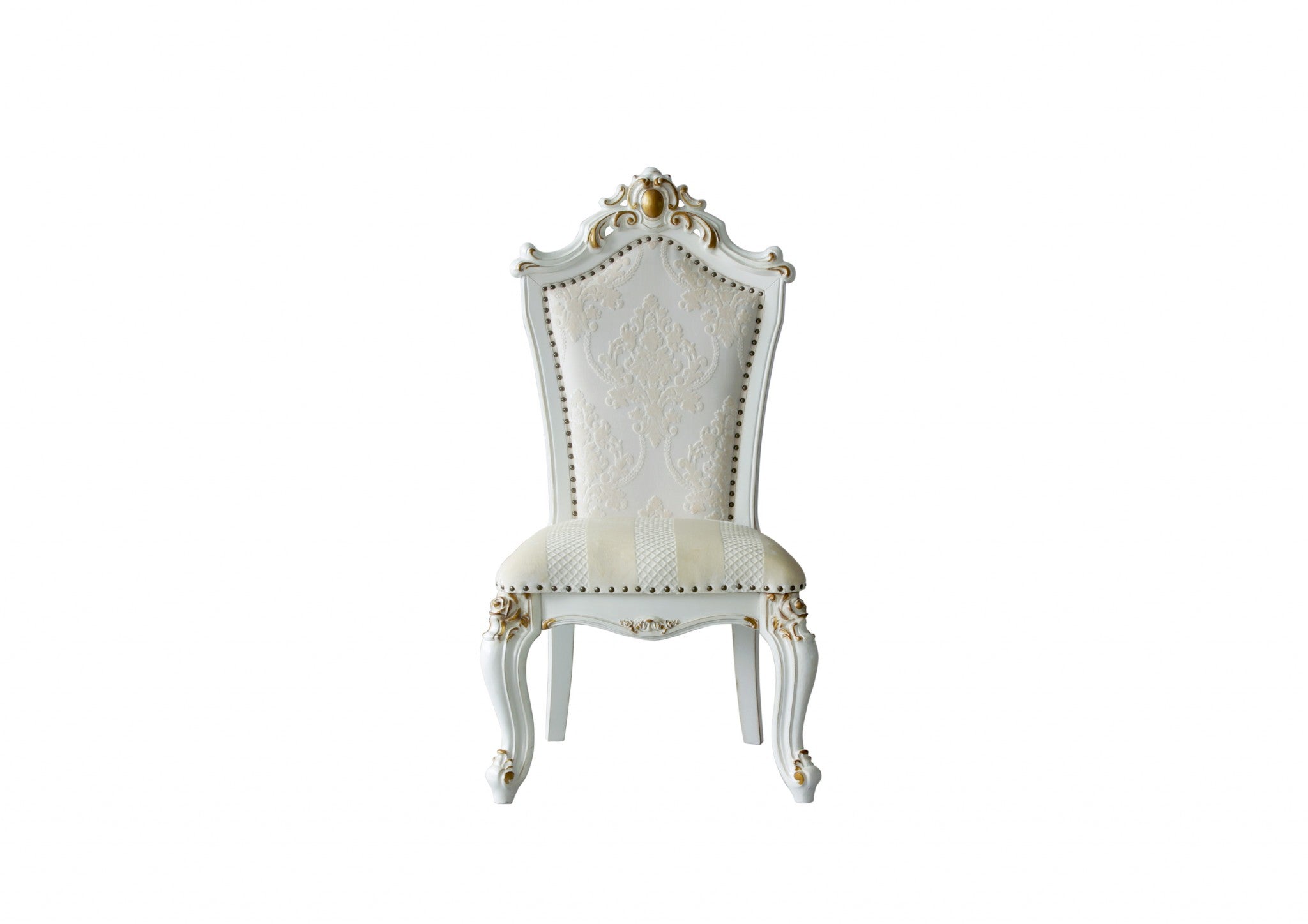 Set Of Two 27 Beige And White Faux Leather Damask Side Chair