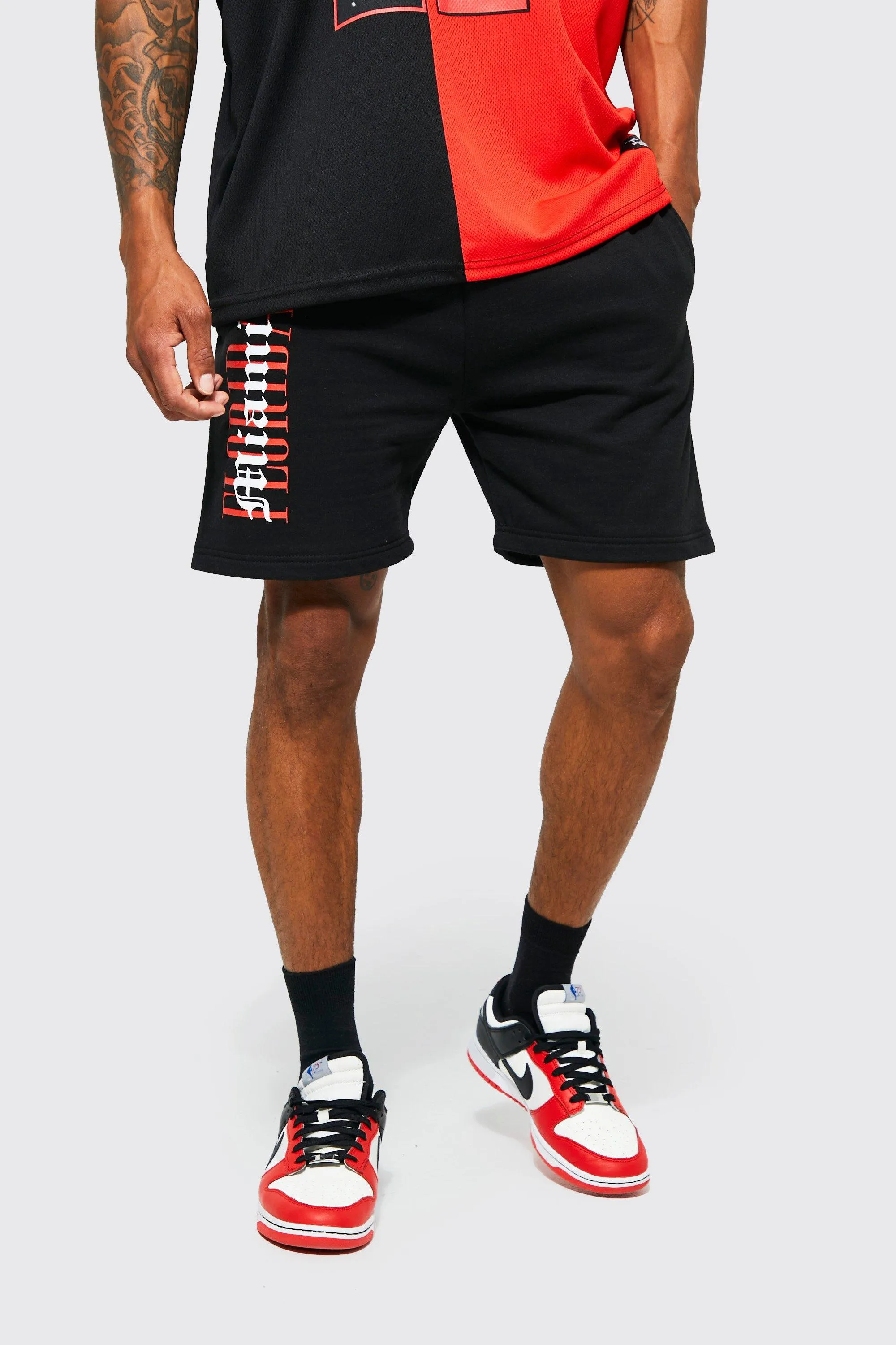 Shorts Length Raw Hem Graphic Jersey Shorts | boohooMAN UK