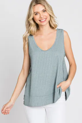 Slate Blue Ribbed Raw Hem Tank Top