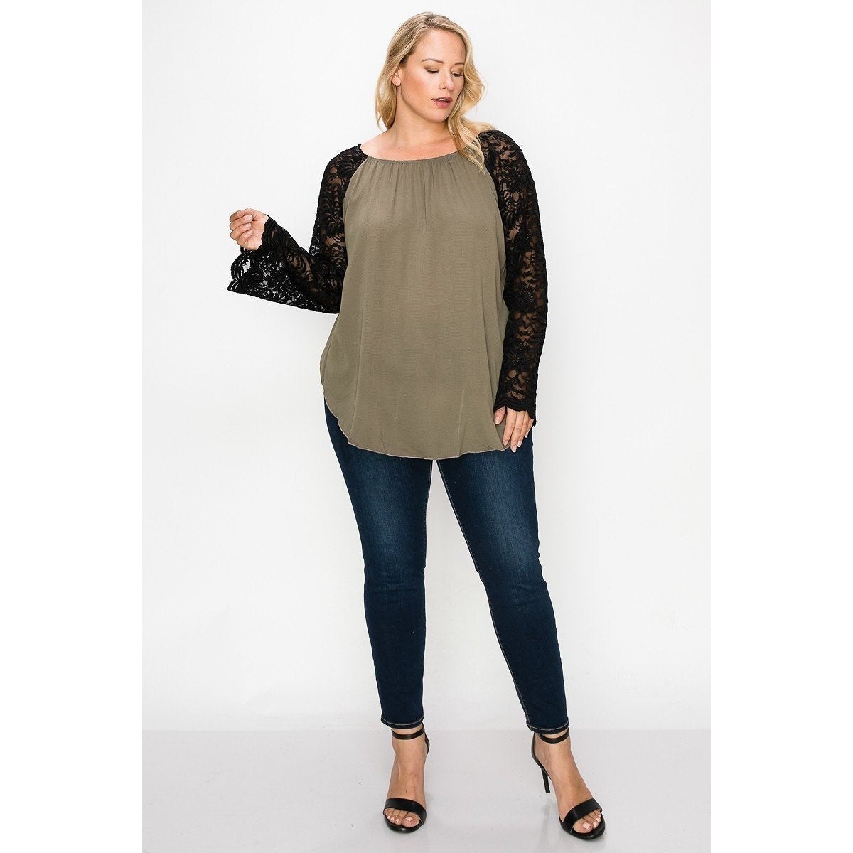 Solid Top Featuring Flattering Lace Bell Sleeves