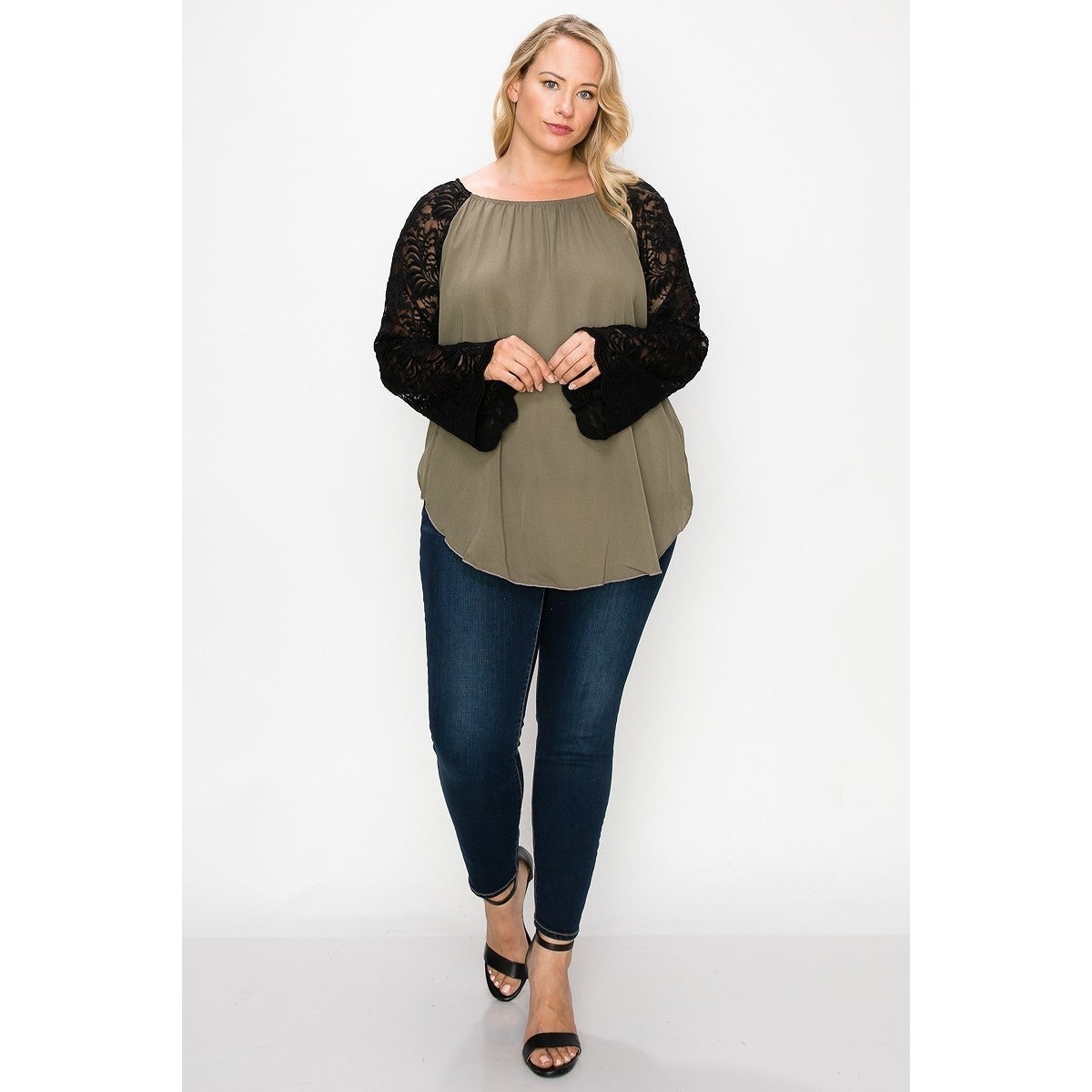 Solid Top Featuring Flattering Lace Bell Sleeves