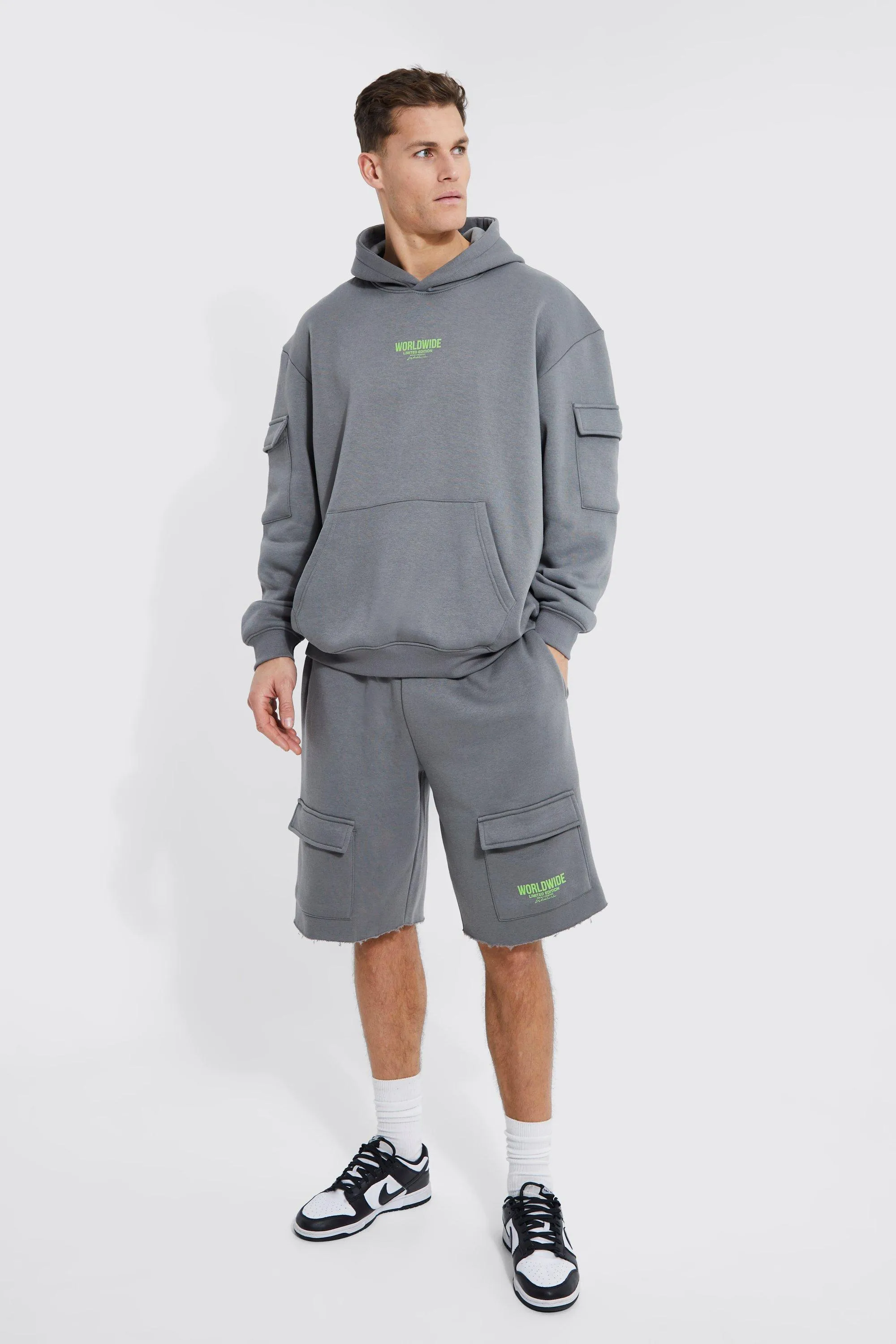 Tall Raw Hem Oversized Cargo Short Hooded Tracksuit | boohooMAN UK