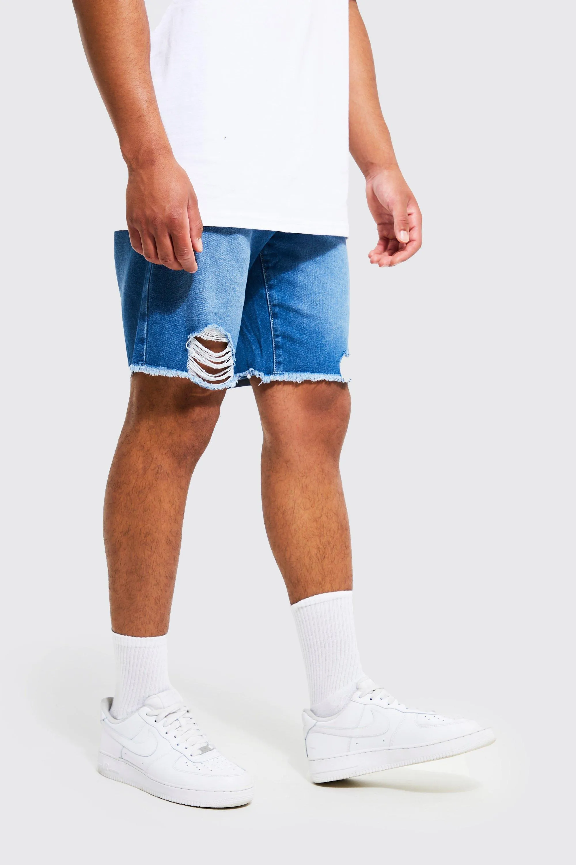 Tall Slim Fit Raw Hem Denim Short | boohooMAN UK