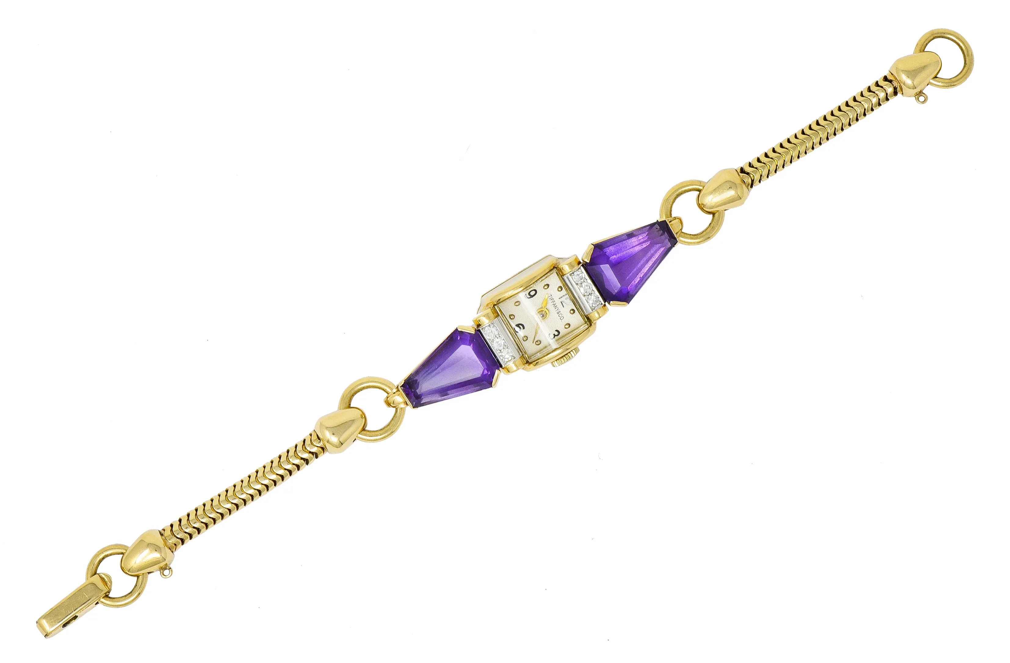 Tiffany & Co. Retro Amethyst Diamond 14 Karat Gold Watch Bracelet