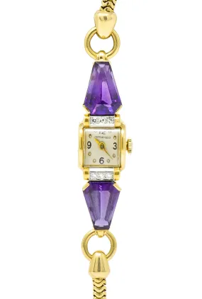 Tiffany & Co. Retro Amethyst Diamond 14 Karat Gold Watch Bracelet