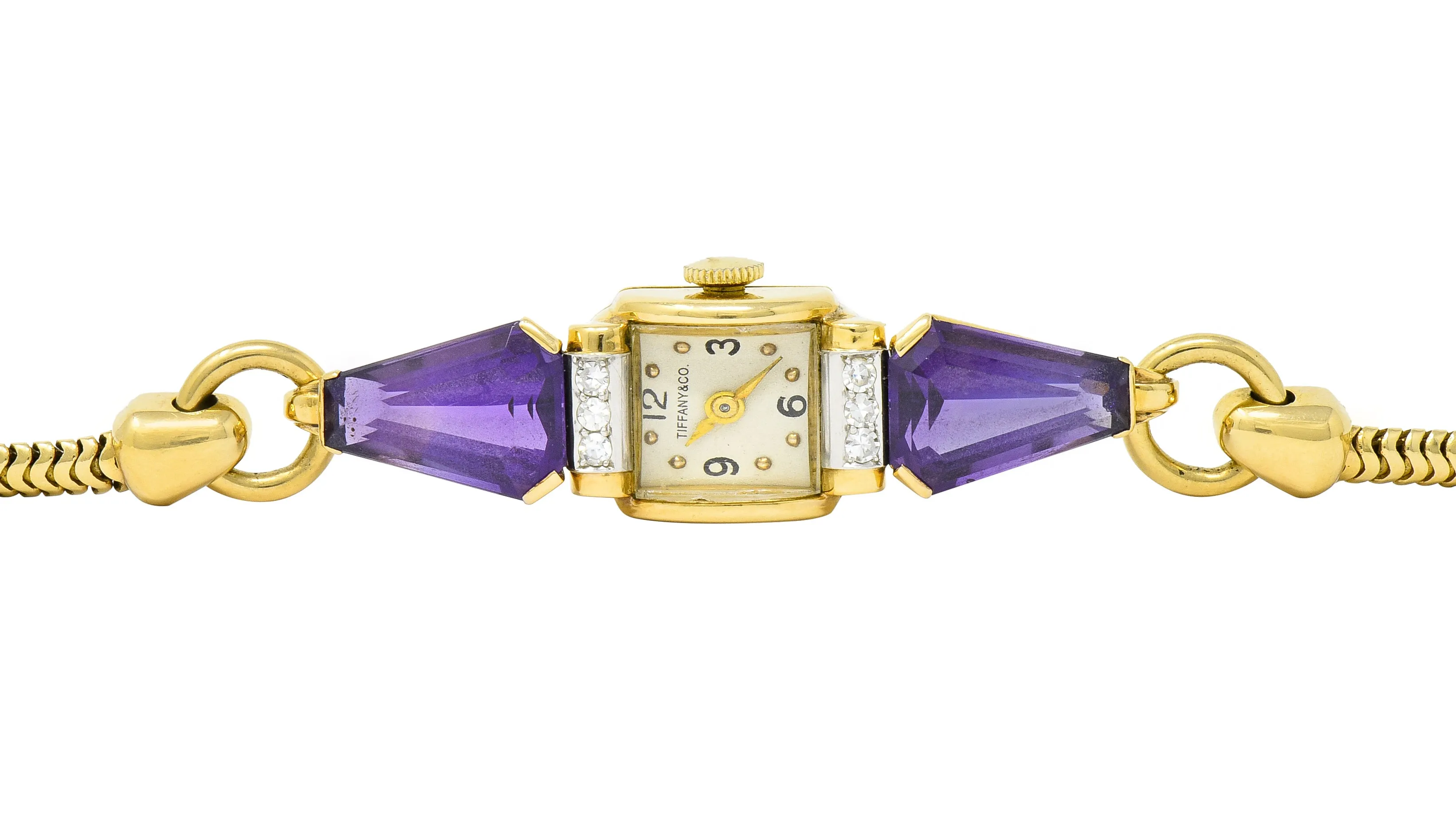 Tiffany & Co. Retro Amethyst Diamond 14 Karat Gold Watch Bracelet